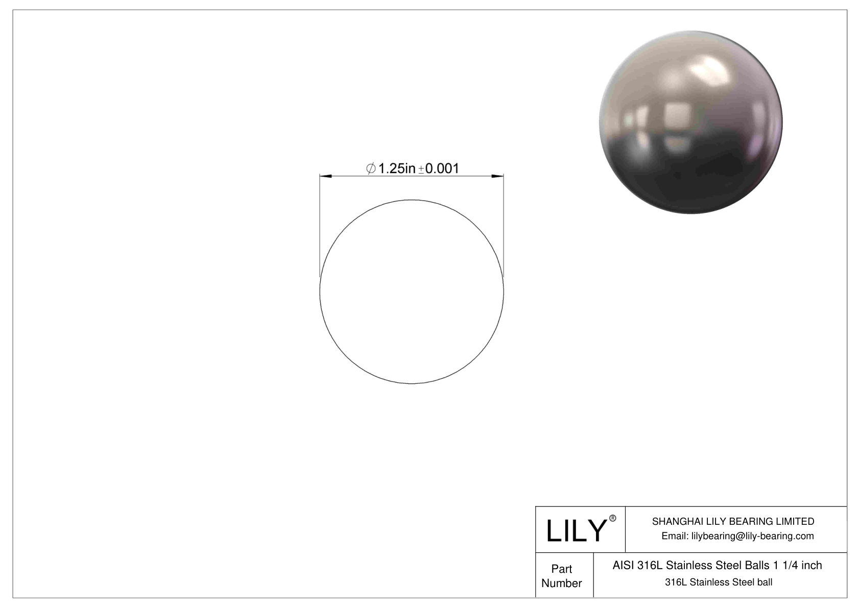 AISI 316L Stainless Steel Balls 1 1/4 inch 316L Stainless Steel cad drawing