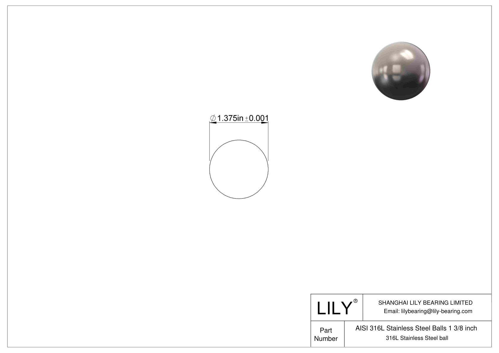 AISI 316L Stainless Steel Balls 1 3/8 inch 316L Stainless Steel cad drawing