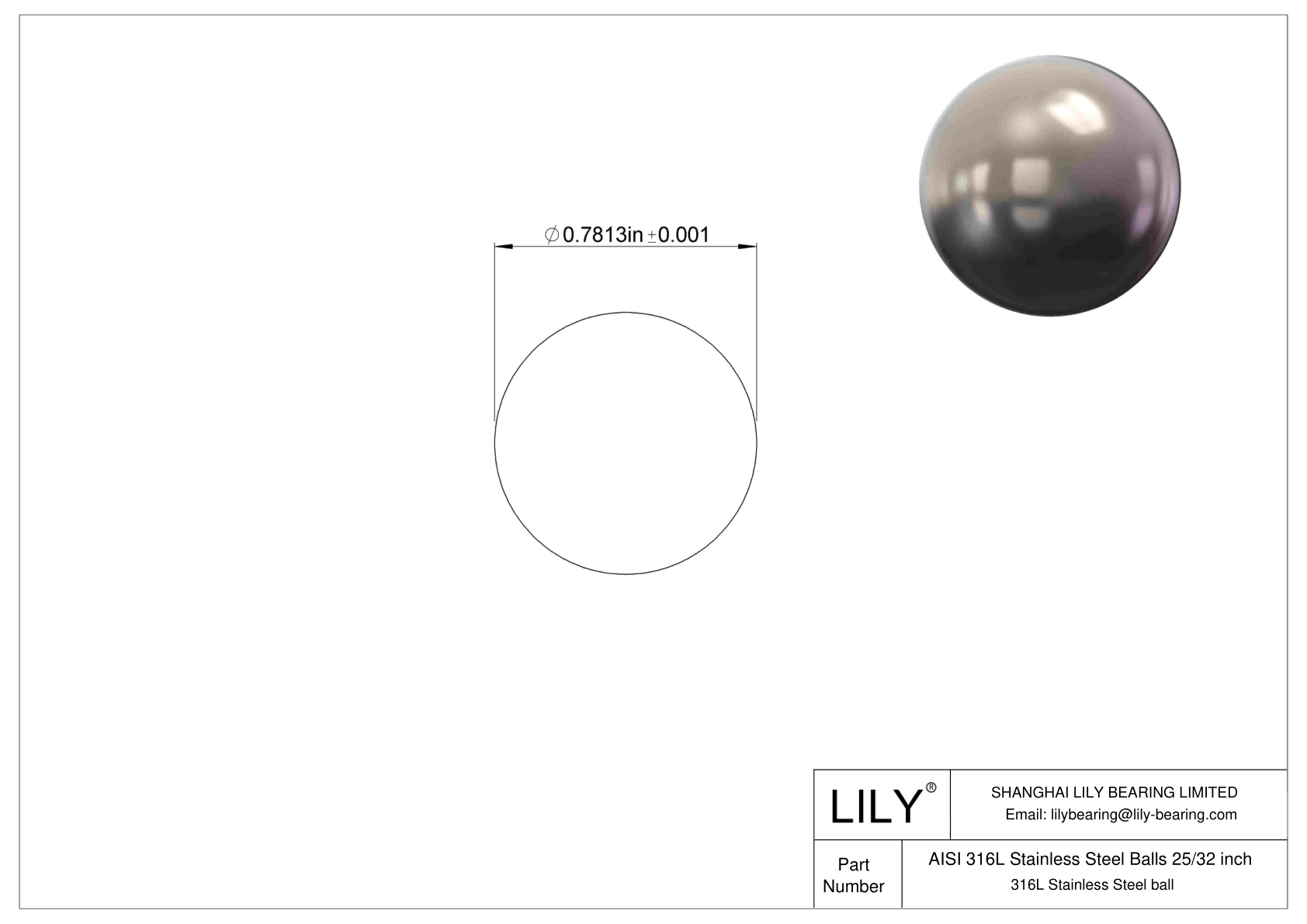 AISI 316L Stainless Steel Balls 25/32 inch 316L Stainless Steel cad drawing