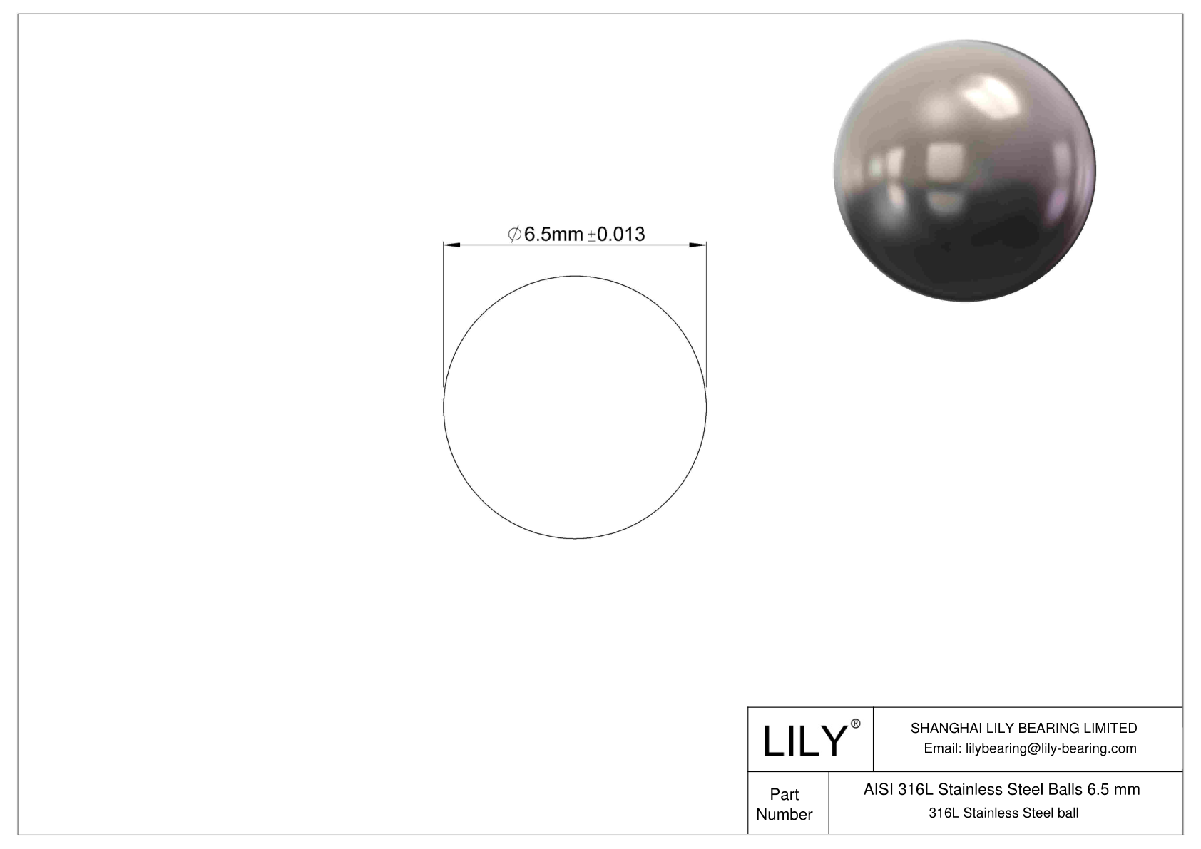 AISI 316L Stainless Steel Balls 6.5 mm 316L Stainless Steel cad drawing