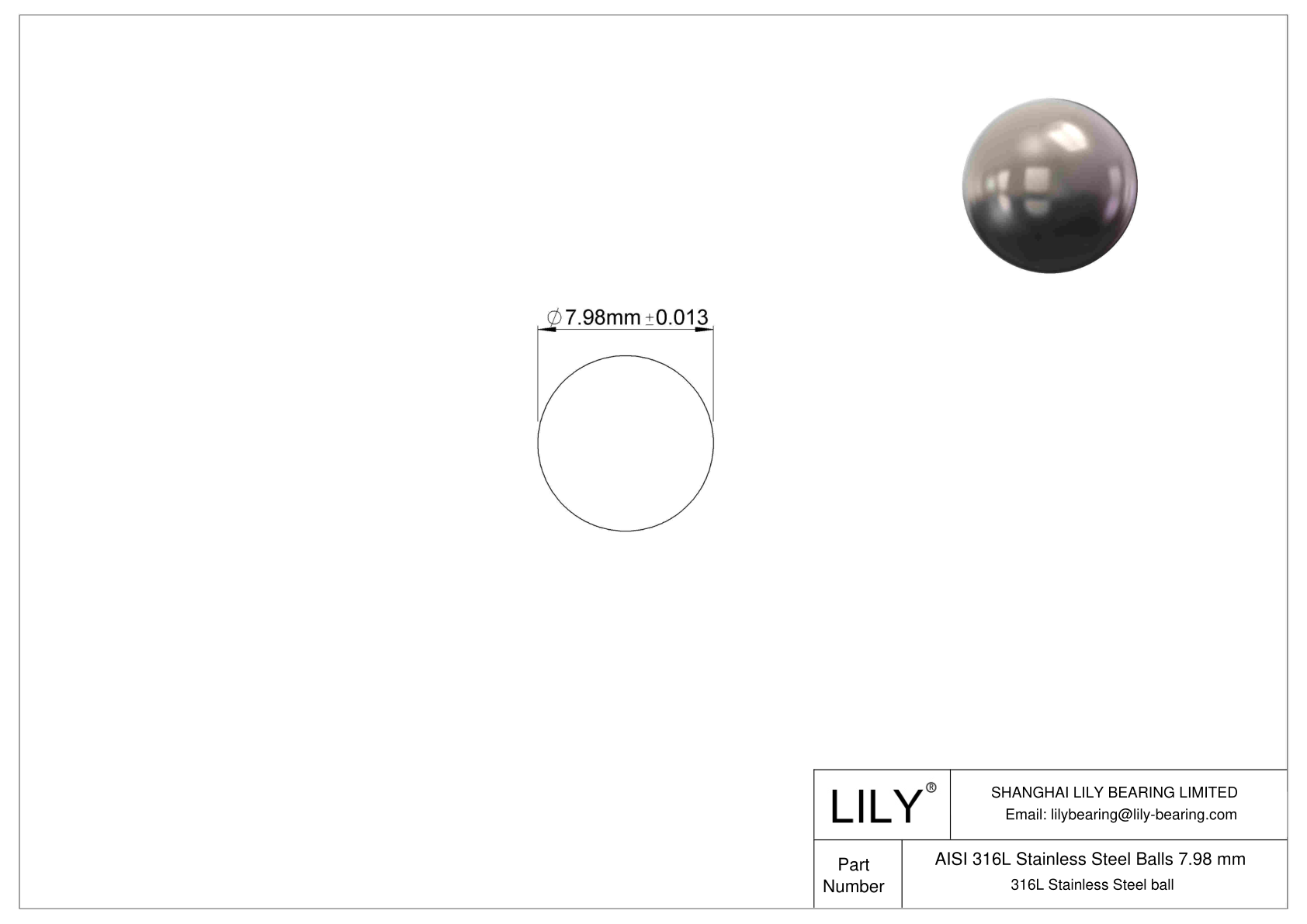 AISI 316L Stainless Steel Balls 7.98 mm 316L Stainless Steel cad drawing