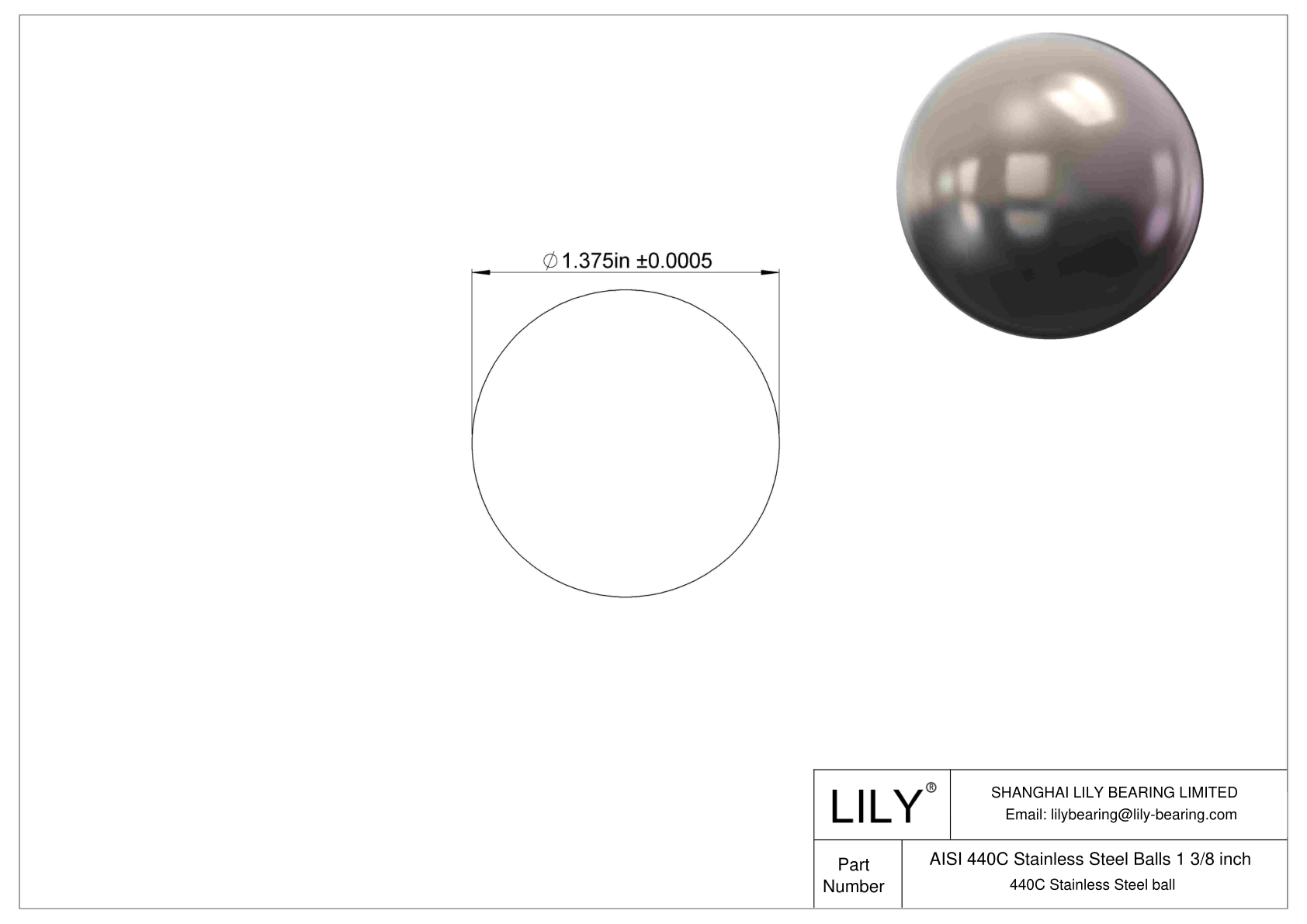 AISI 440C Stainless Steel Balls 1 3/8 inch 440C Stainless Steel cad drawing