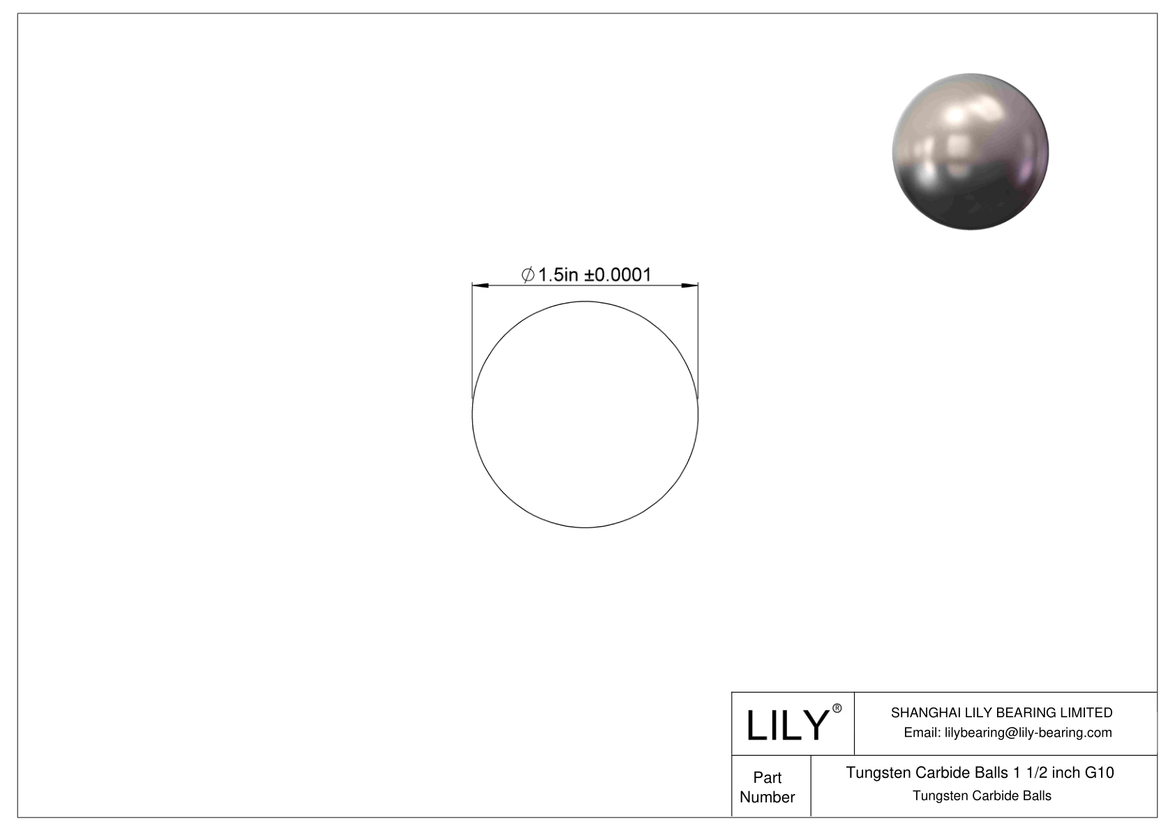 Tungsten Carbide Balls 1 1/2 inch G10 Tungsten Carbide Balls cad drawing