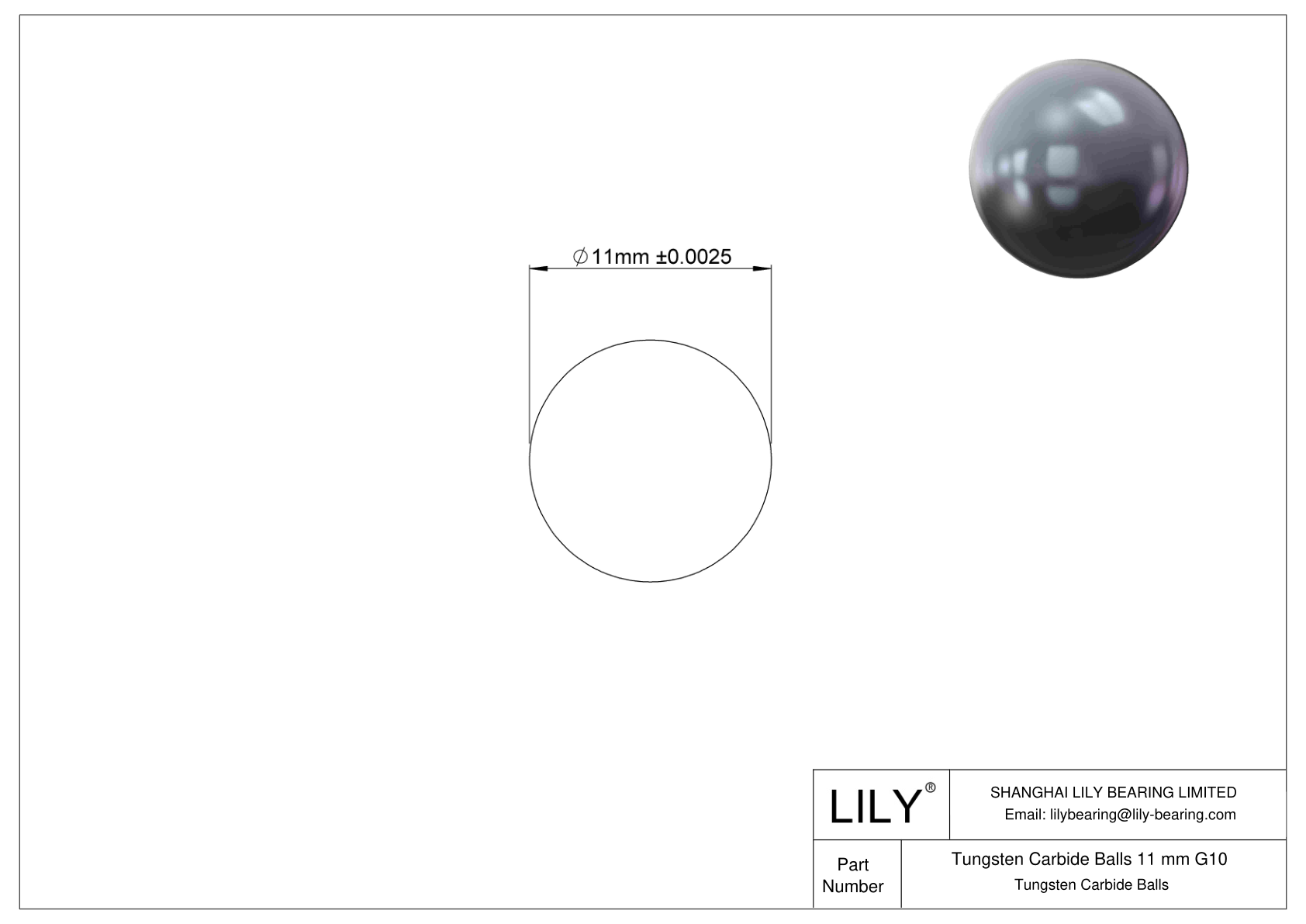 Tungsten Carbide Balls 11 mm G10 Tungsten Carbide Balls cad drawing