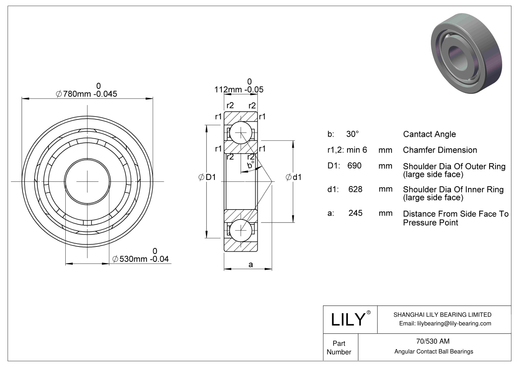 70/530 AM 单列角接触球轴承（通用） cad drawing