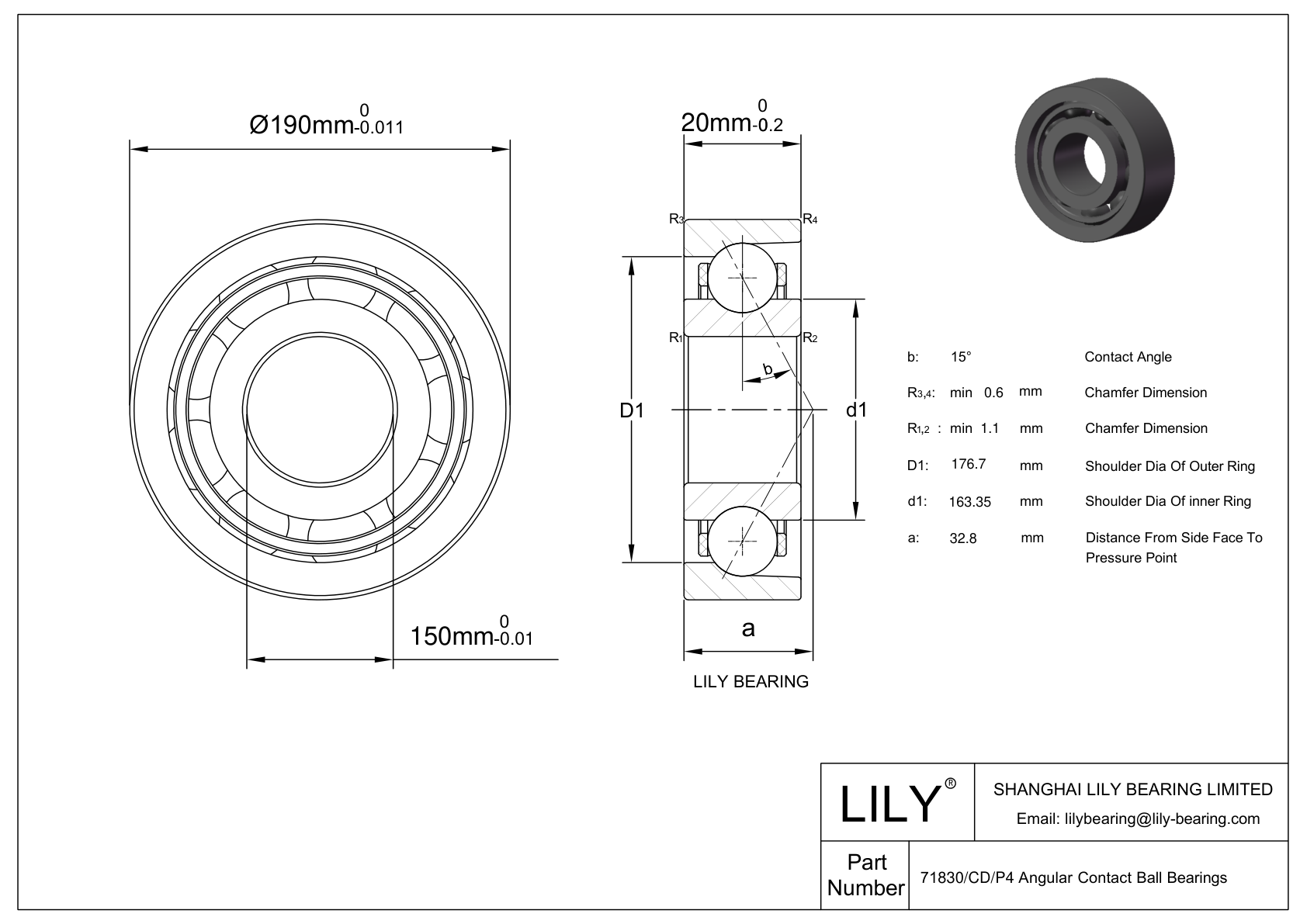 71830 CD/P4 Super Precision Angular Contact Ball Bearings cad drawing