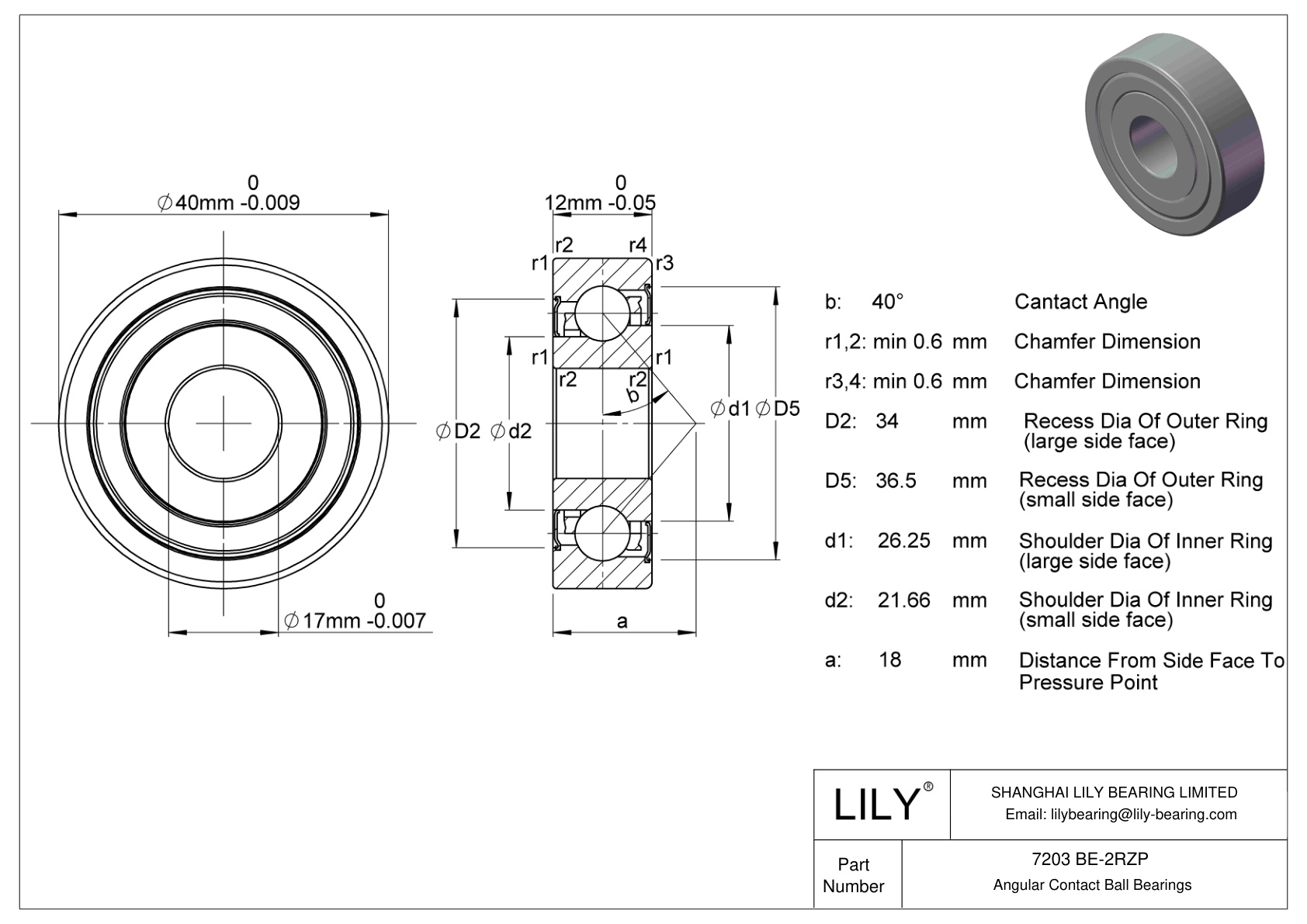 7203 BE-2RZP 单列角接触球轴承（通用） cad drawing