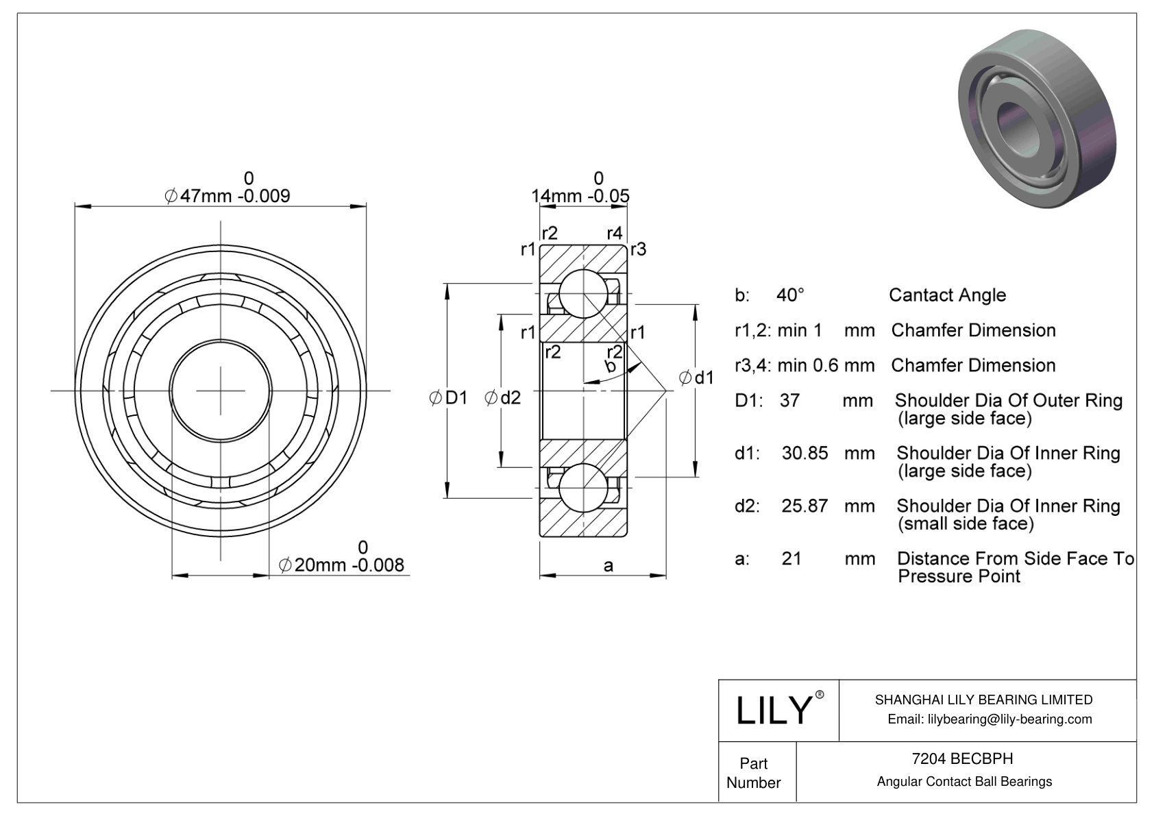 7204 BECBPH Rodamientos de bolas de contacto angular de una hilera (General) cad drawing