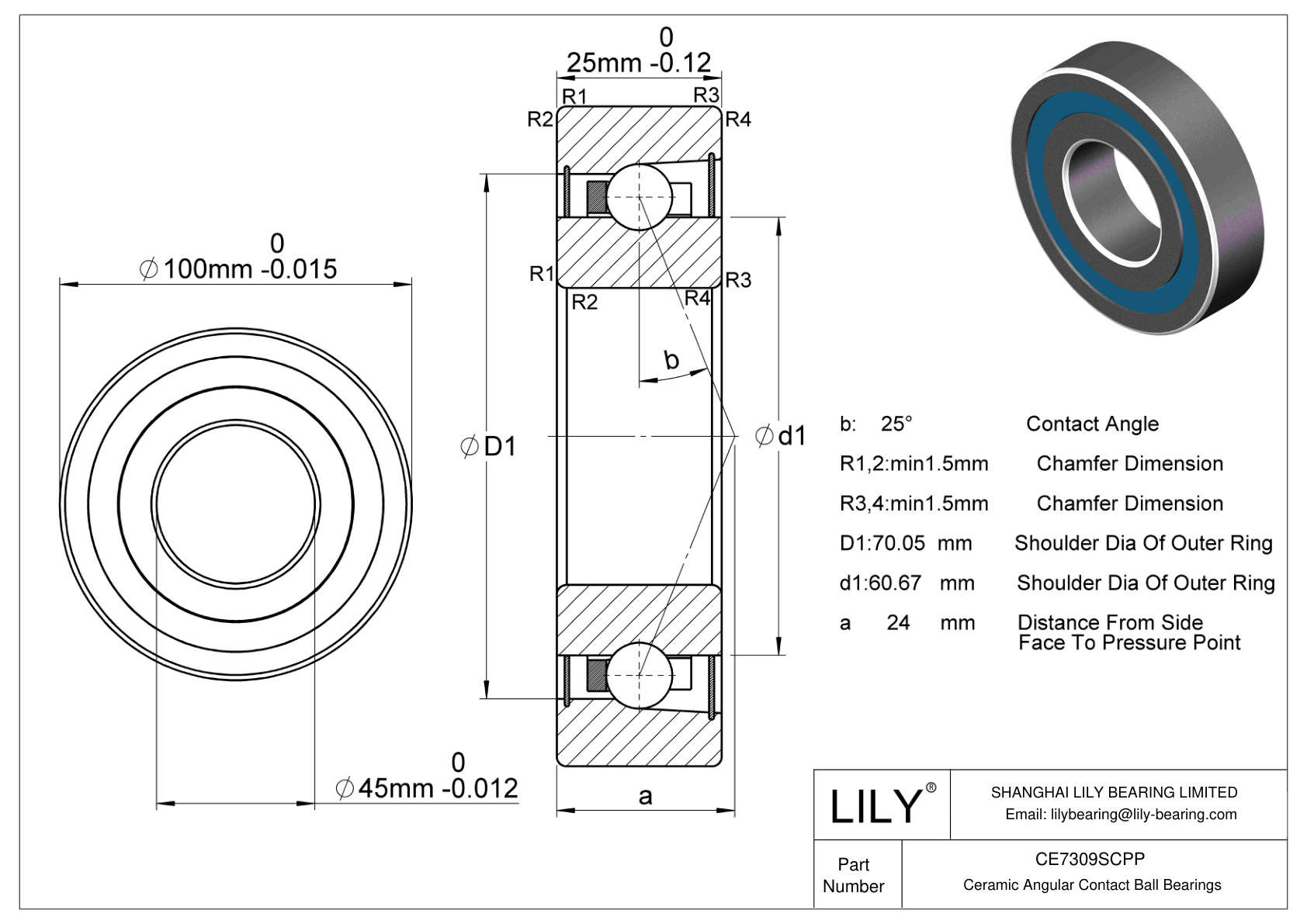 CE7309SCPP Carburo de silicio-Contacto angular de una fila cad drawing