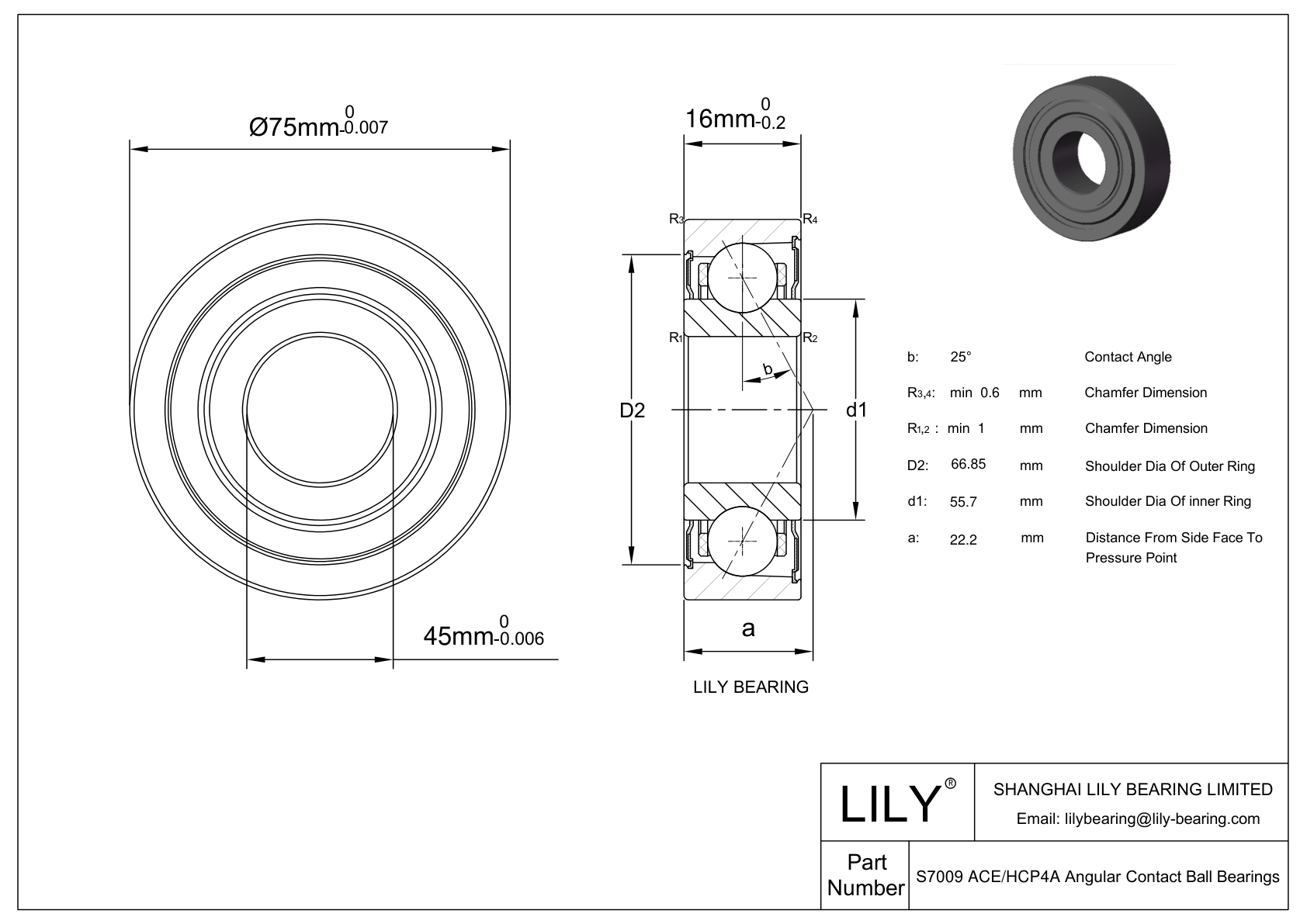 S7009 ACE/HCP4A Super Precision Angular Contact Ball Bearings cad drawing