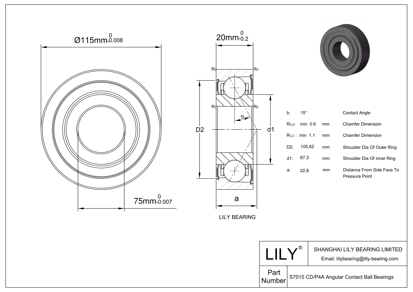 S7015 CD/P4A Super Precision Angular Contact Ball Bearings cad drawing