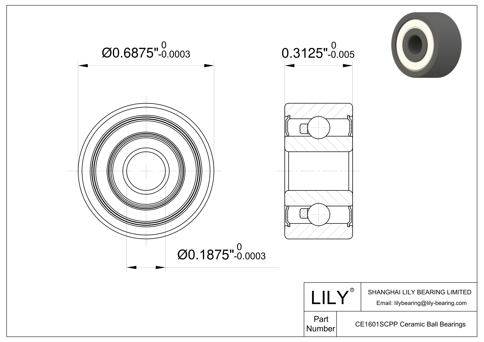 CESC 1601 2RS Inch Size Silicon Carbide Ceramic Bearings cad drawing