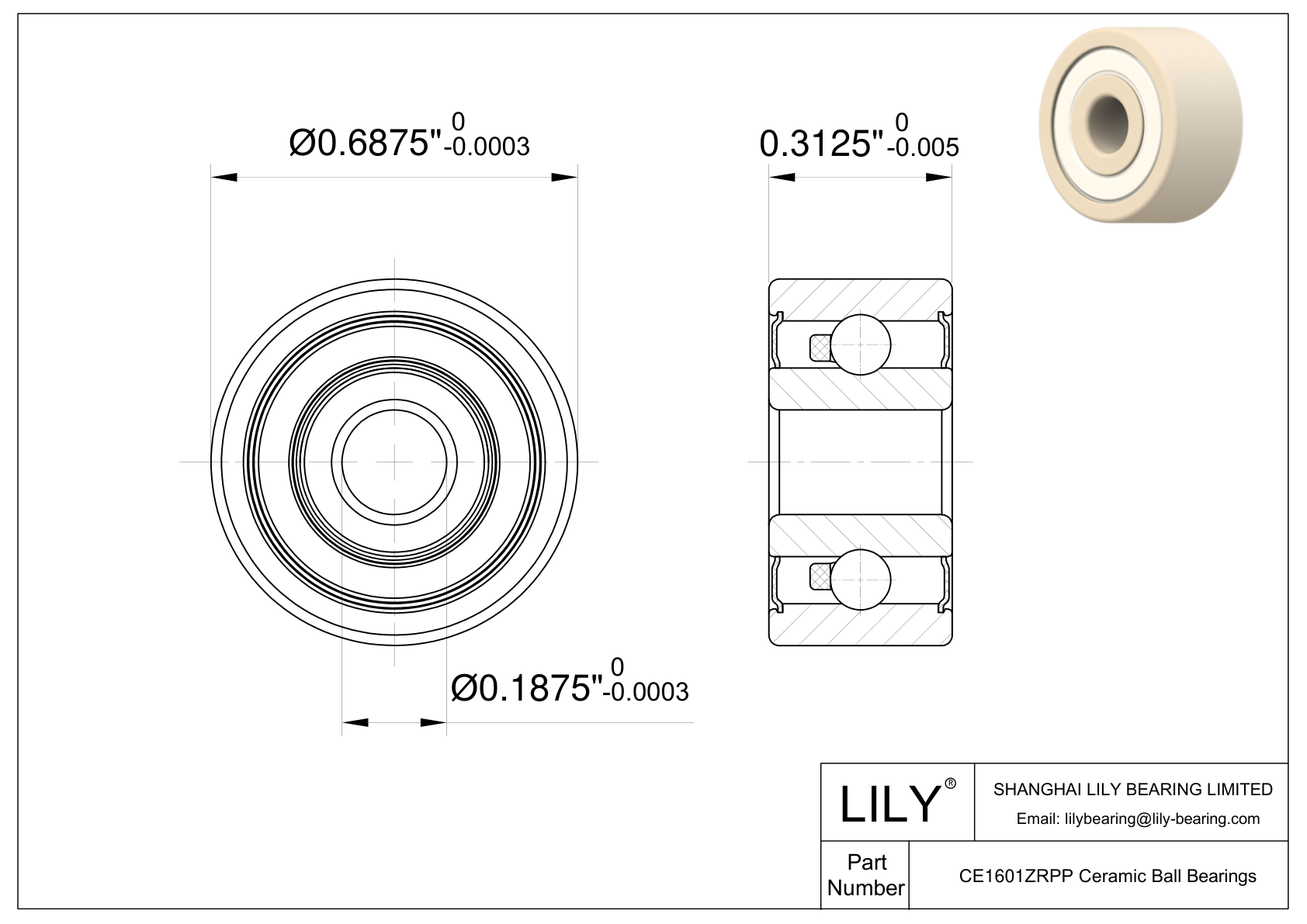 CEZR 1601 2RS Inch Size Zirconia Ceramic Bearings cad drawing
