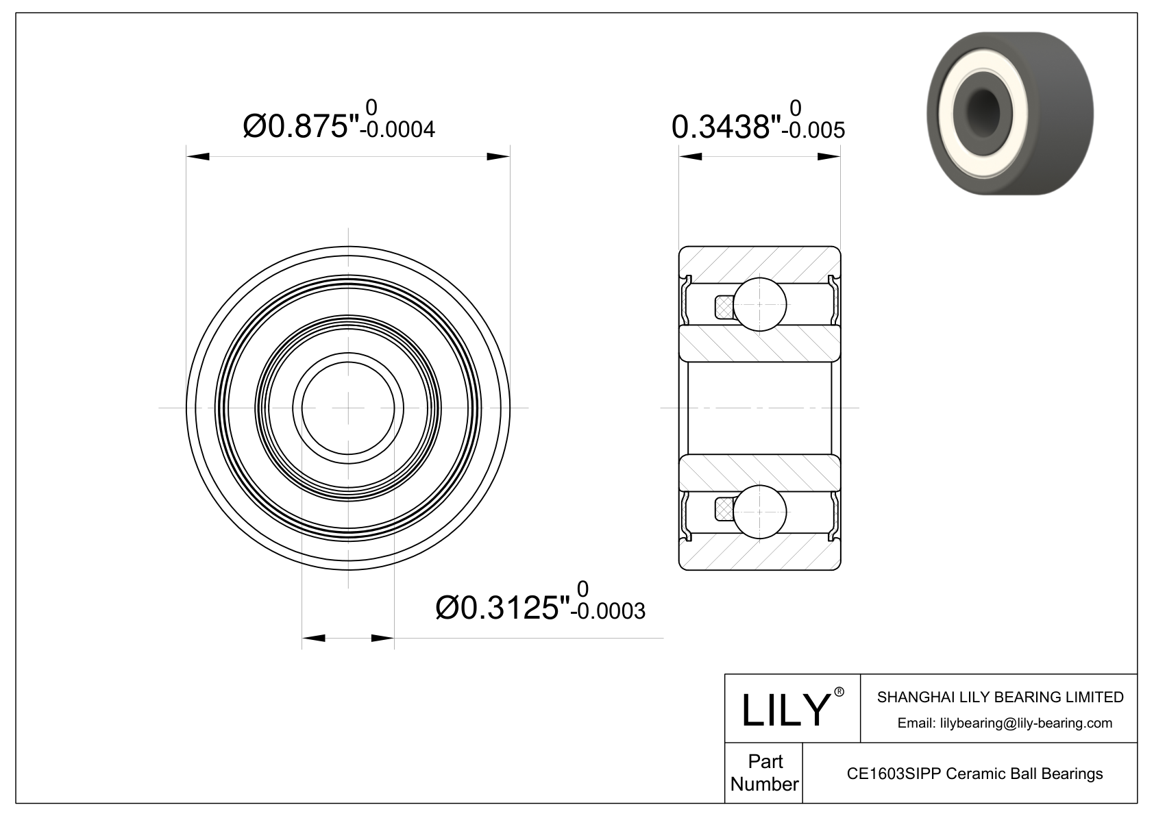CESI 1603 2RS Inch Size Silicon Nitride Ceramic Bearings cad drawing