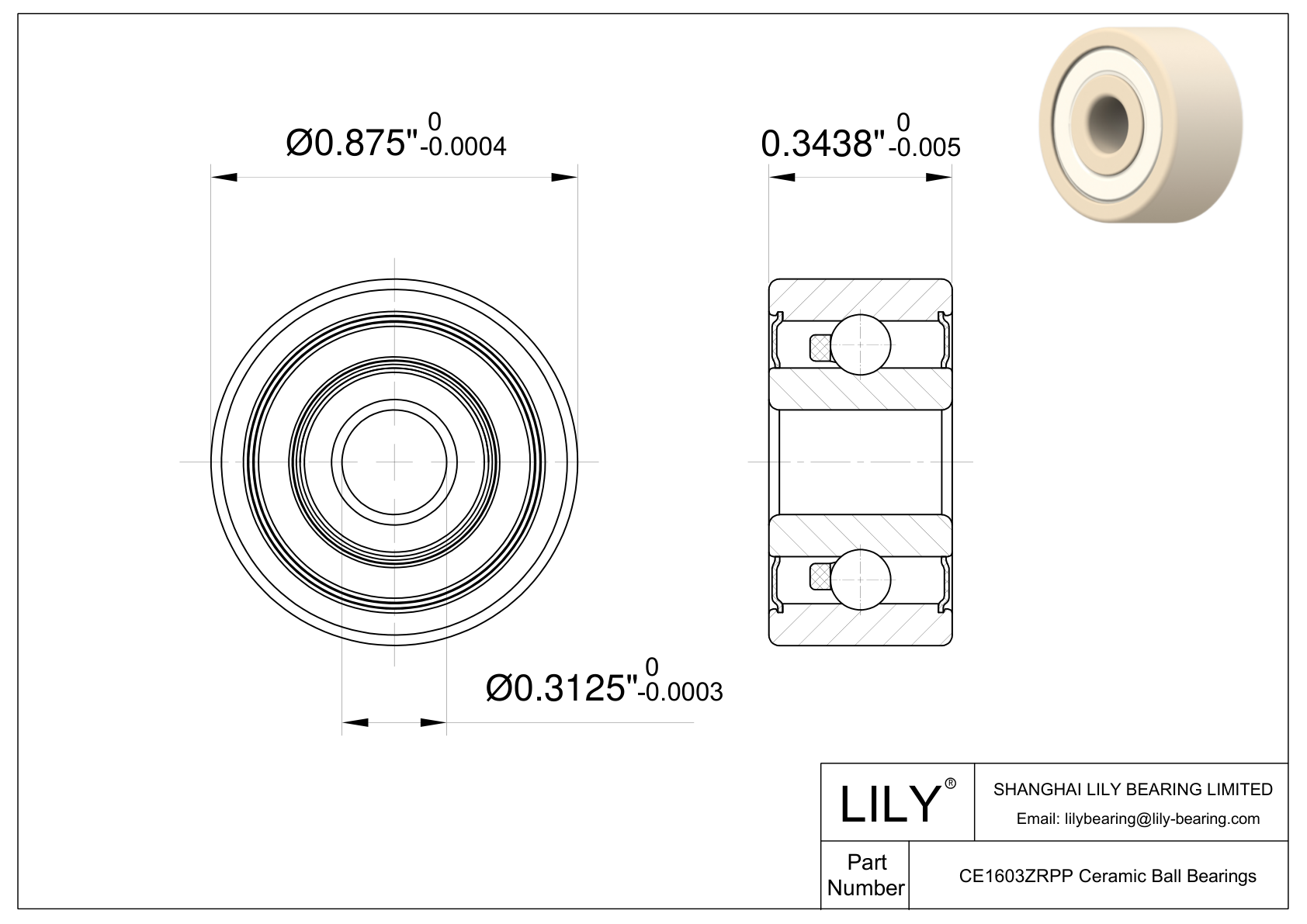 CEZR 1603 2RS Inch Size Zirconia Ceramic Bearings cad drawing