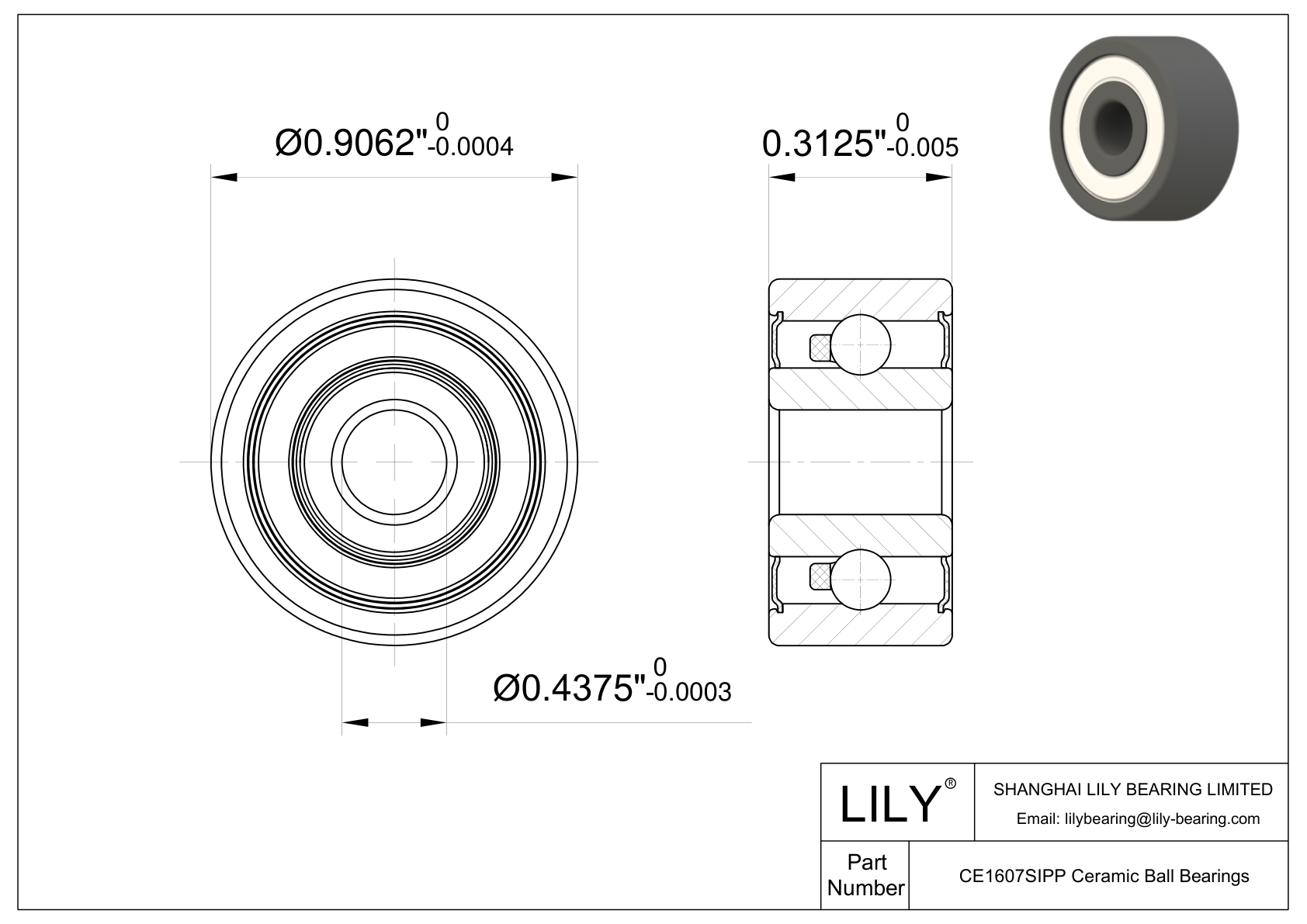 CESI 1607 2RS Inch Size Silicon Nitride Ceramic Bearings cad drawing