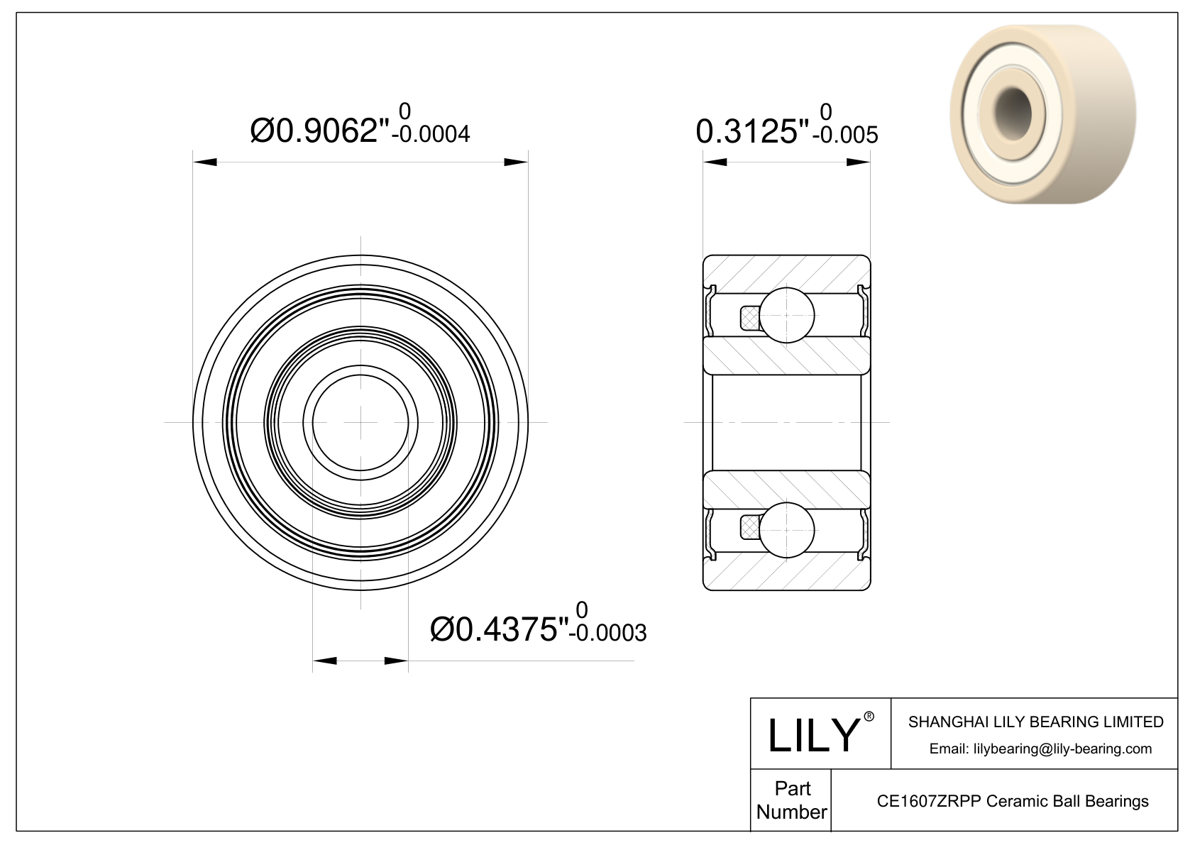 CEZR 1607 2RS Inch Size Zirconia Ceramic Bearings cad drawing