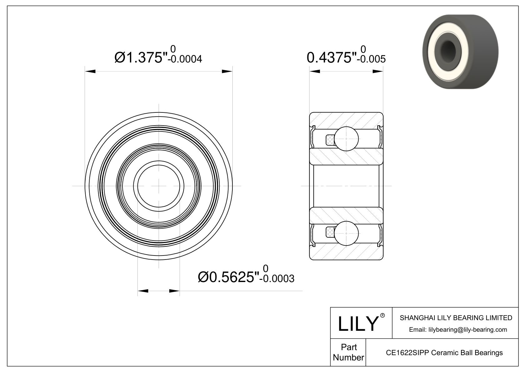 CESI 1622 2RS Inch Size Silicon Nitride Ceramic Bearings cad drawing