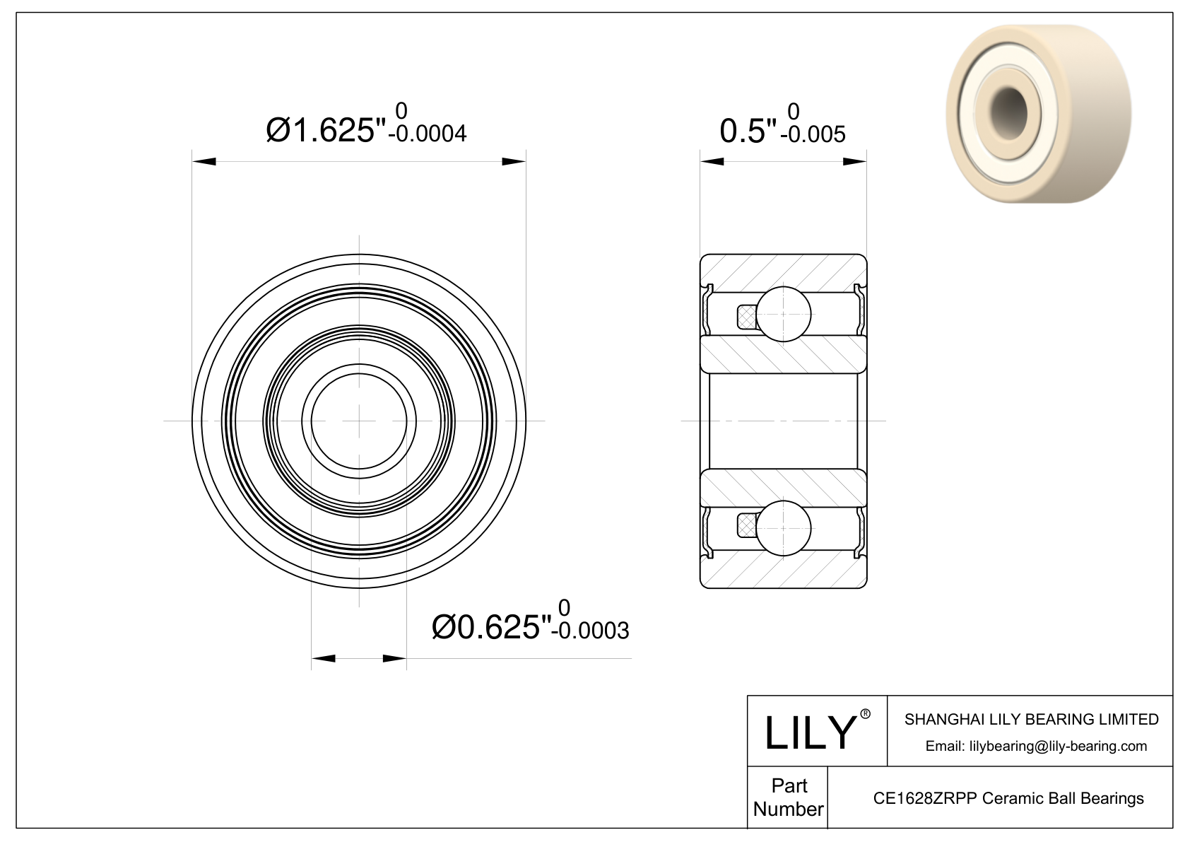 CEZR 1628 2RS Inch Size Zirconia Ceramic Bearings cad drawing