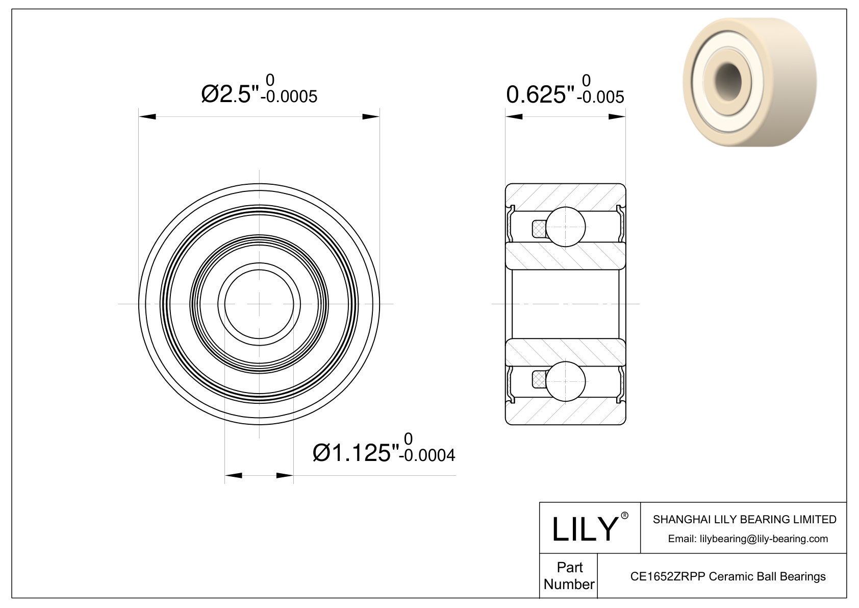 CEZR 1652 2RS Inch Size Zirconia Ceramic Bearings cad drawing
