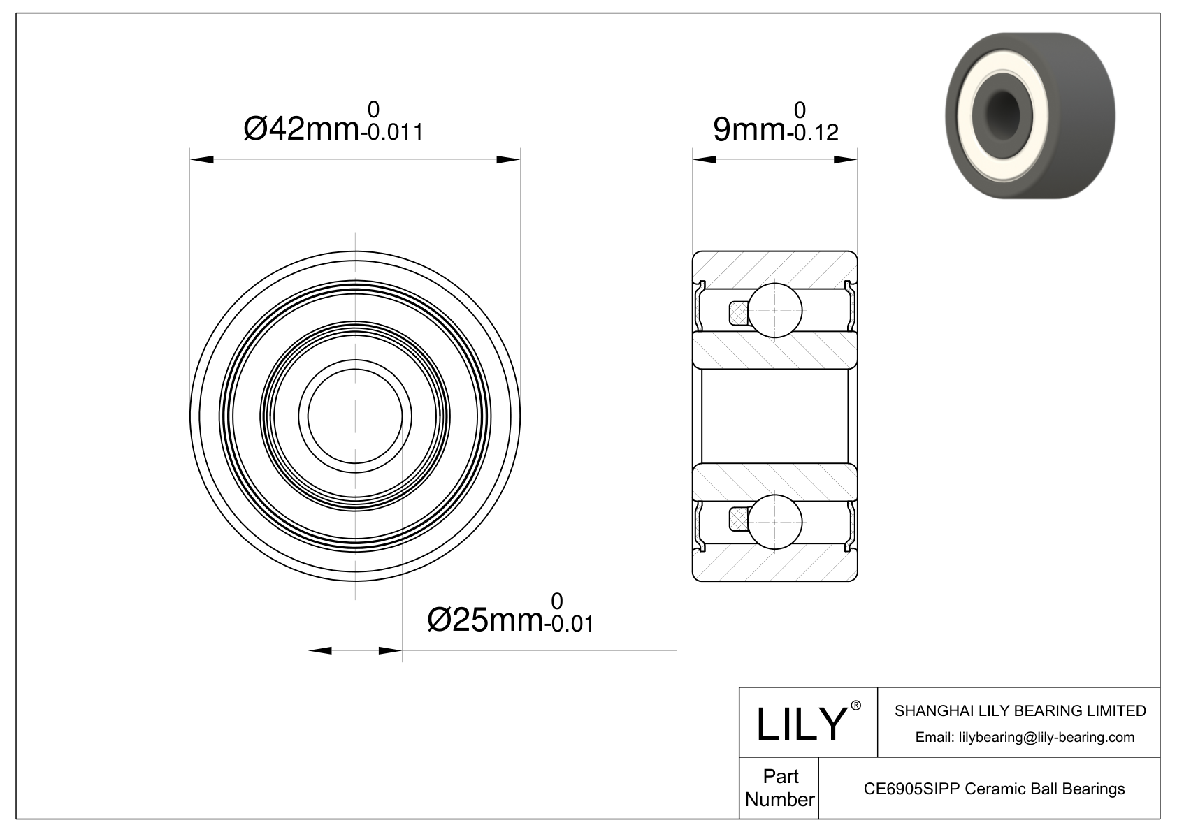 CESI 6905 2RS Metric Size Silicon Nitride Ceramic Bearings cad drawing