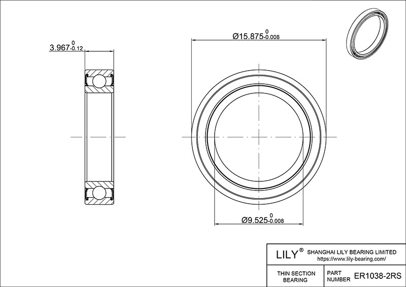 CEZR ER1038 2RS Inch Size Zirconia Ceramic Bearings cad drawing