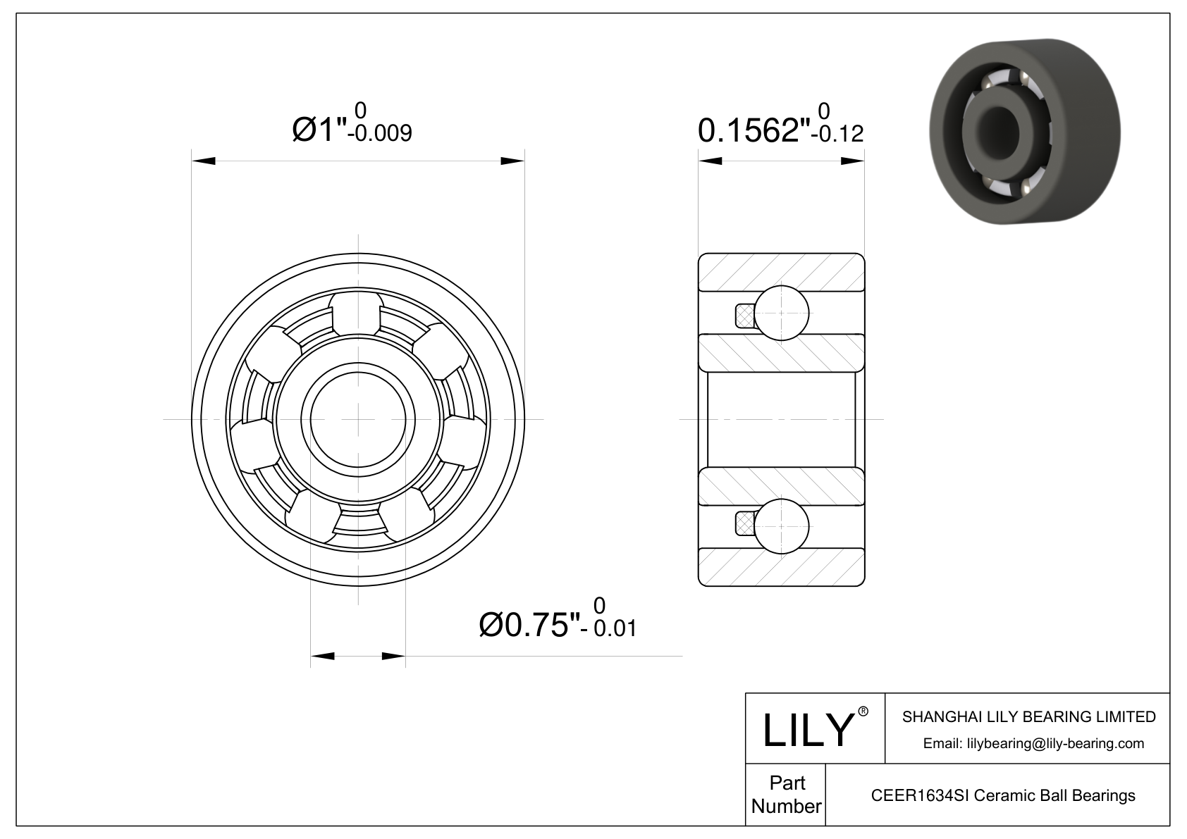 CESI ER1634 Inch Size Silicon Nitride Ceramic Bearings cad drawing