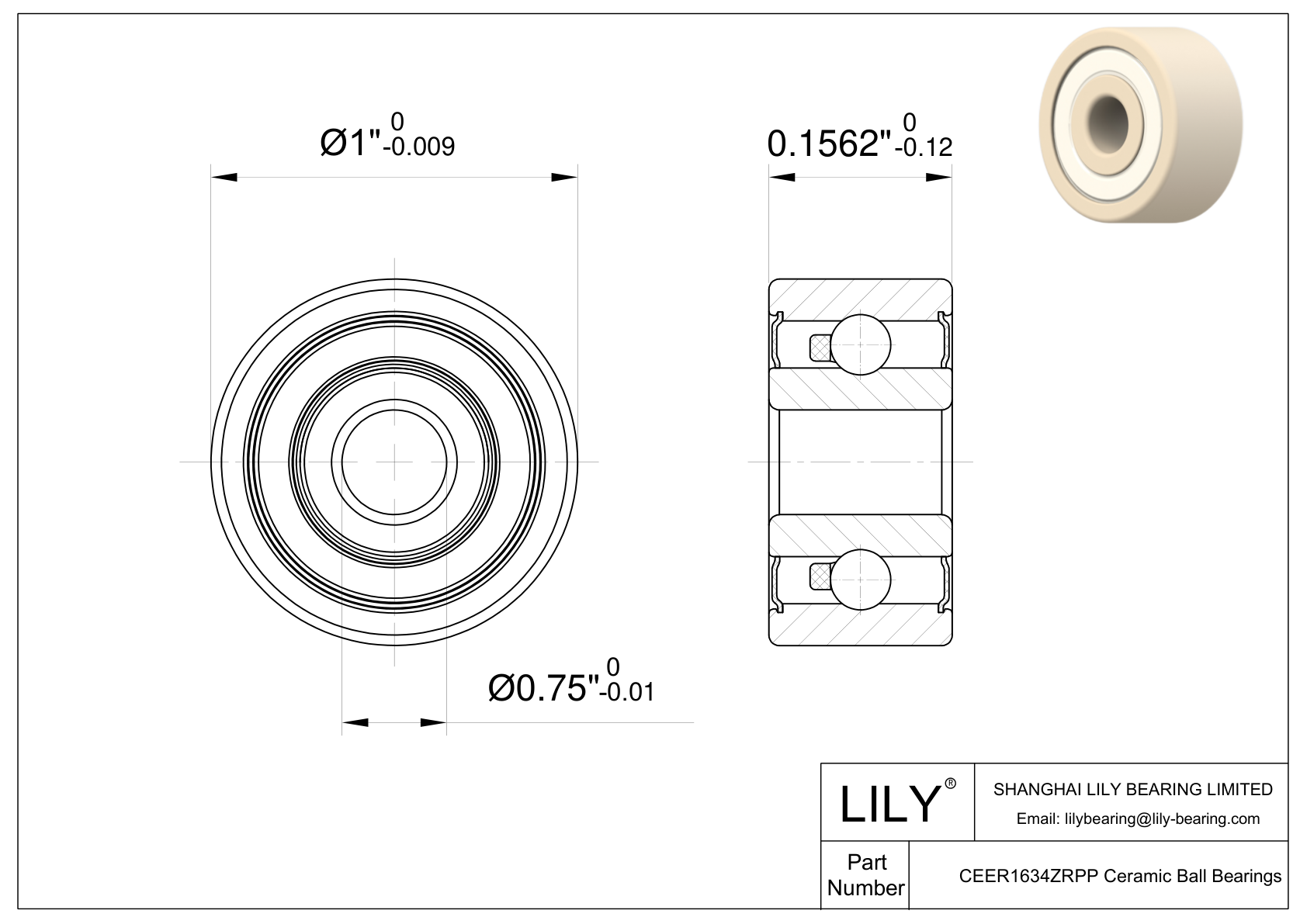 CEZR ER1634 2RS Inch Size Zirconia Ceramic Bearings cad drawing