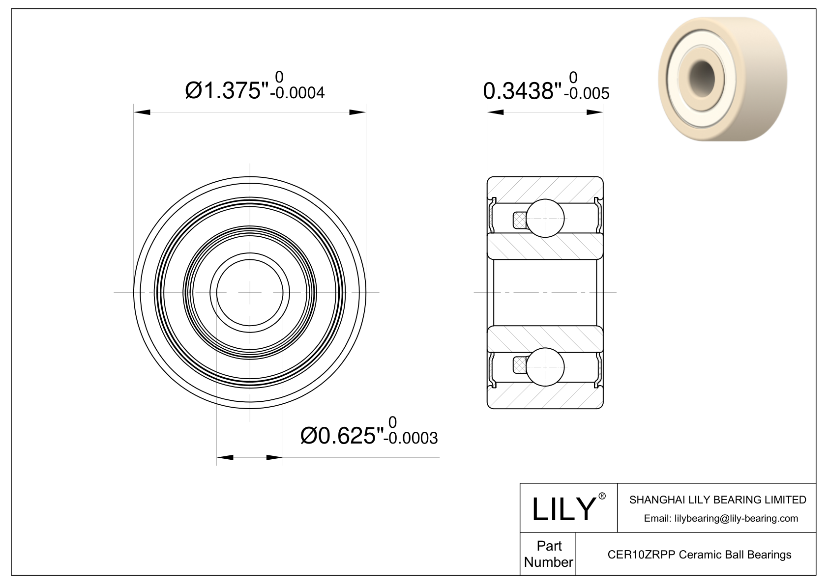CEZR R10 2RS Inch Size Zirconia Ceramic Bearings cad drawing