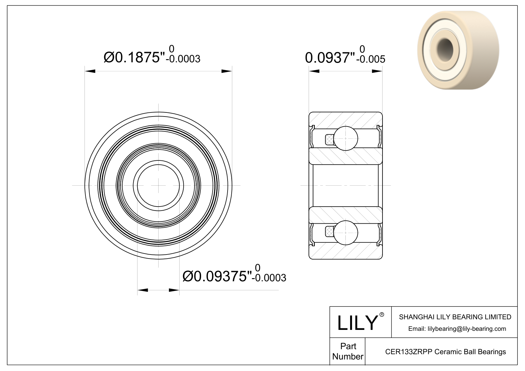 CEZR R133 2RS Inch Size Zirconia Ceramic Bearings cad drawing