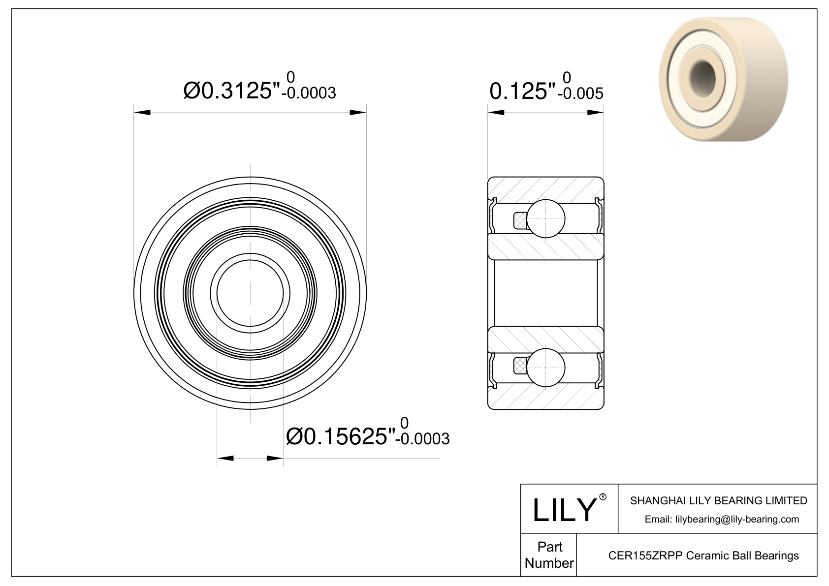 CEZR R155 2RS Inch Size Zirconia Ceramic Bearings cad drawing