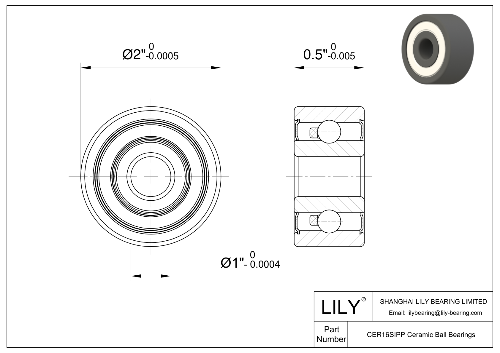 CESI R16 2RS Inch Size Silicon Nitride Ceramic Bearings cad drawing