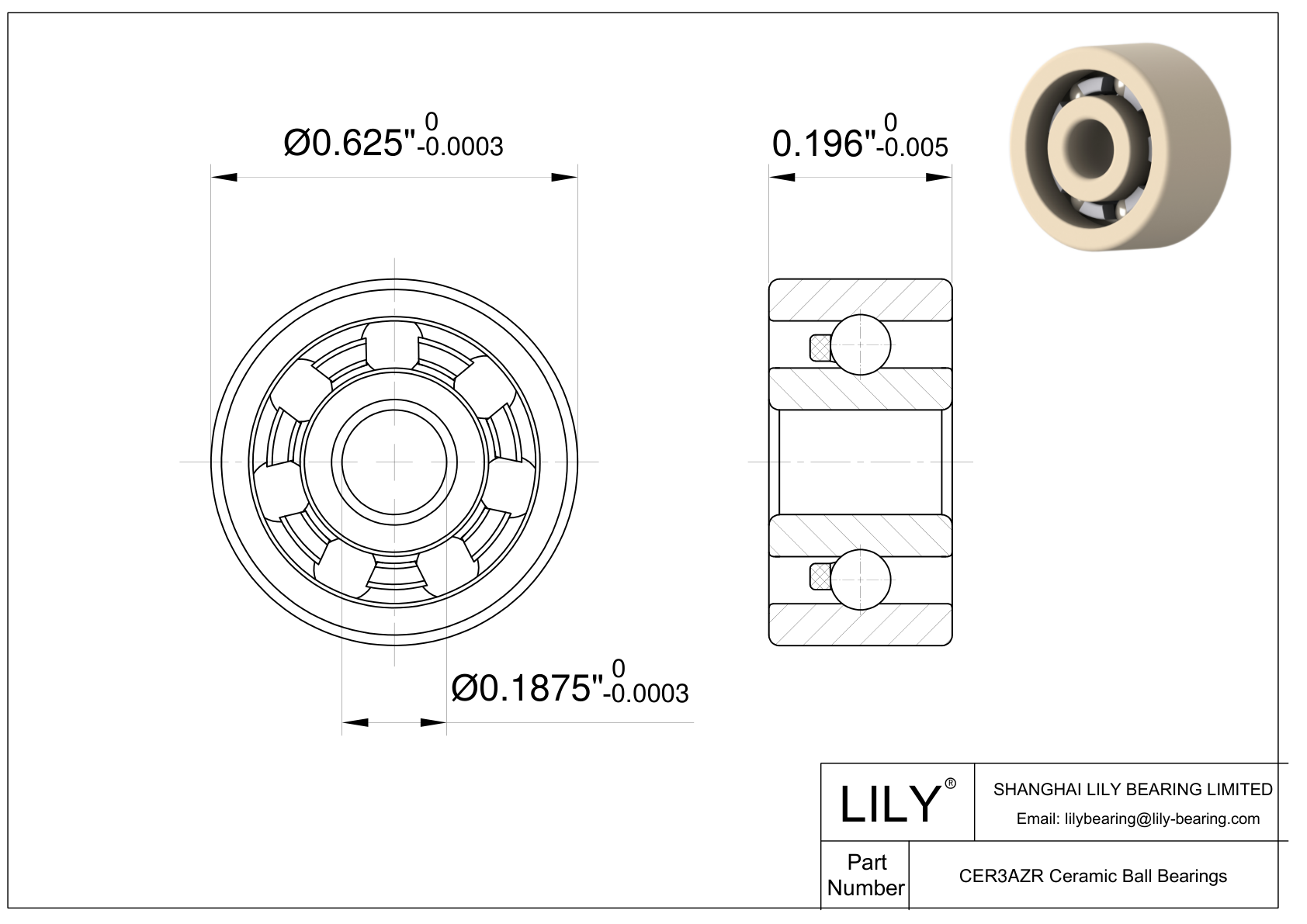 CEZR R3A Inch Size Zirconia Ceramic Bearings cad drawing