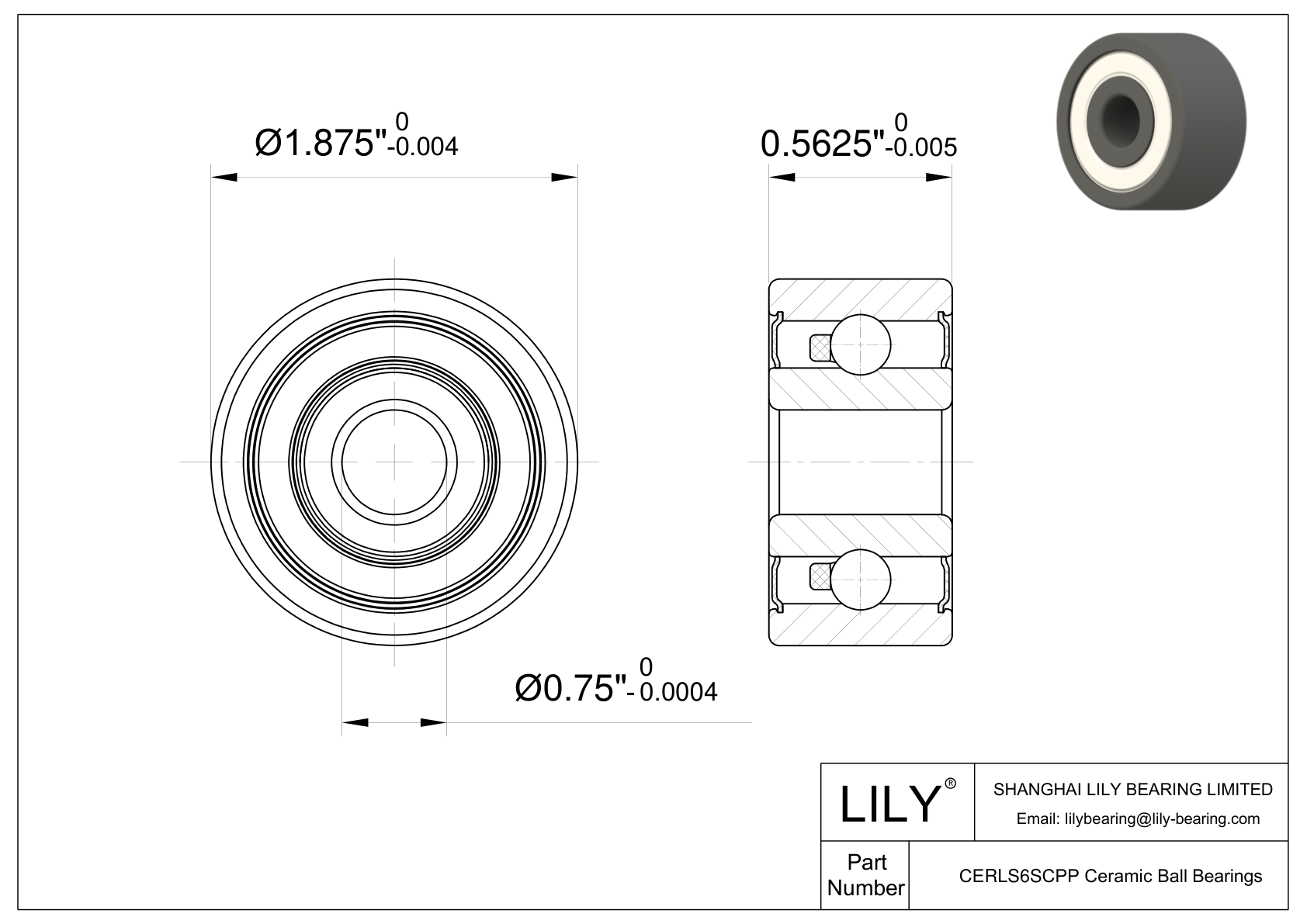 CESC RLS6 2RS Inch Size Silicon Carbide Ceramic Bearings cad drawing
