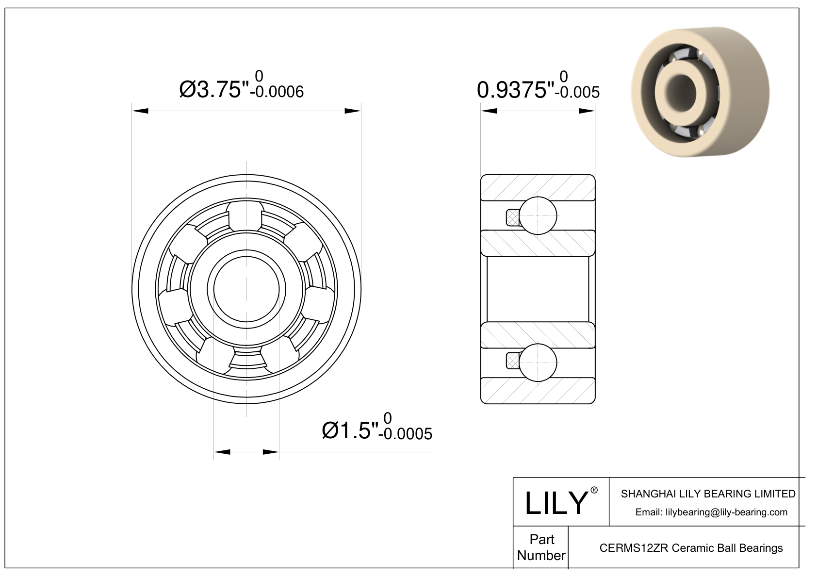 CEZR RMS12 Inch Size Zirconia Ceramic Bearings cad drawing