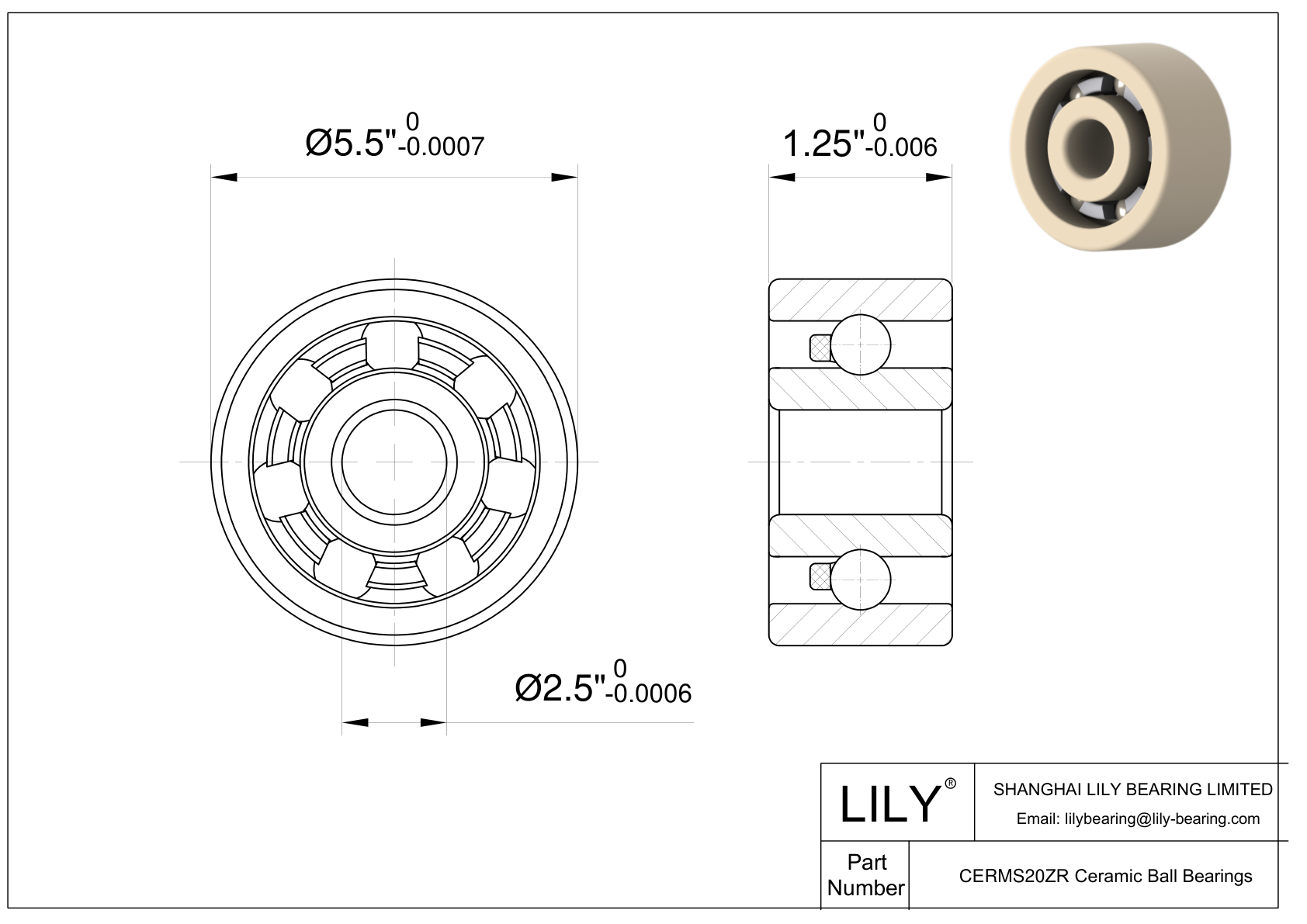 CEZR RMS20 Inch Size Zirconia Ceramic Bearings cad drawing