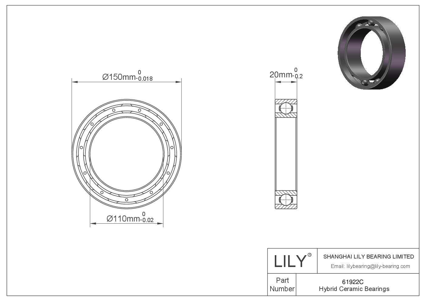 61922C Hybrid Ceramic Deep Groove Ball Bearings cad drawing