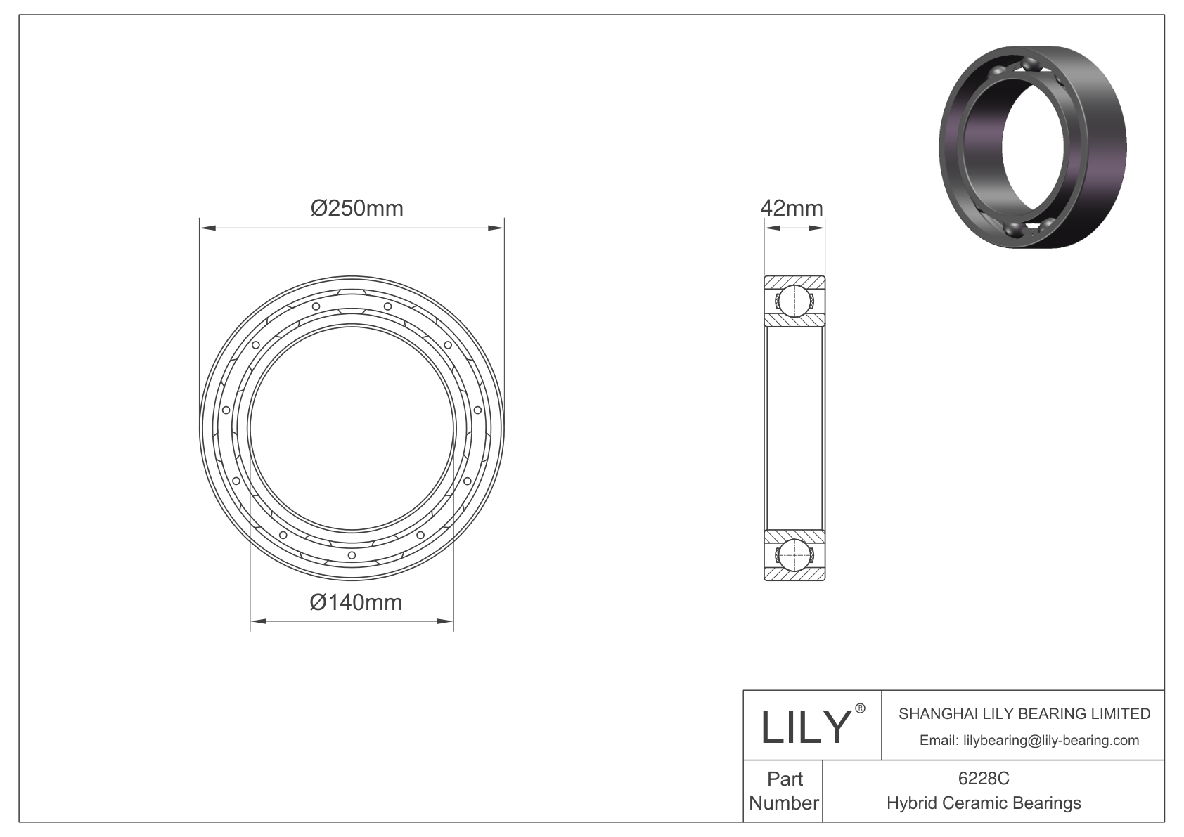 6228C Hybrid Ceramic Deep Groove Ball Bearings cad drawing