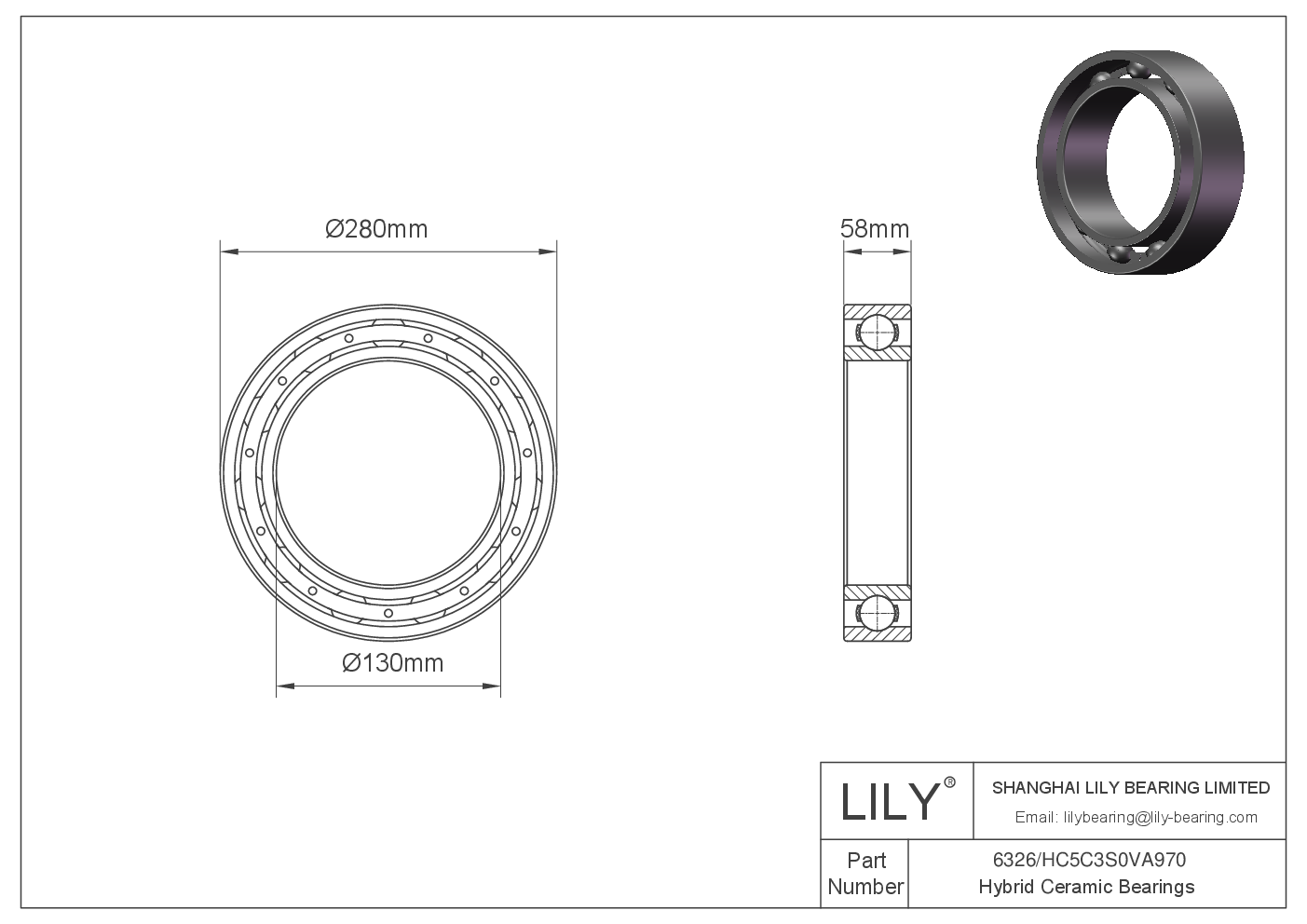 6326/HC5C3S0VA970 混合陶瓷深沟球轴承 cad drawing