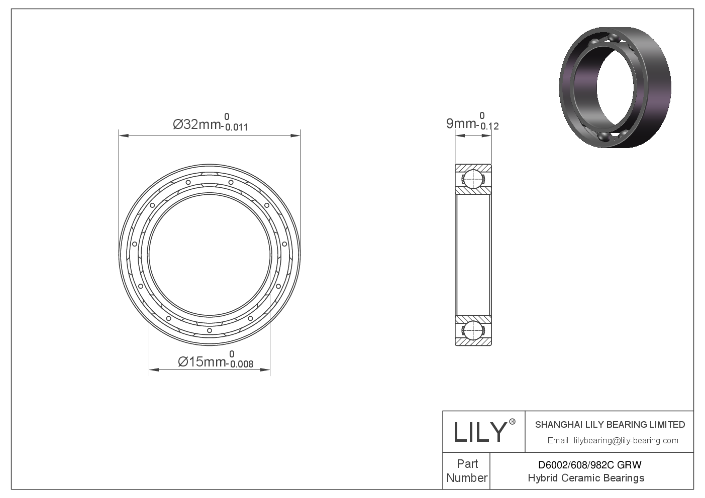 D6002/608/982C GRW Hybrid Ceramic Deep Groove Ball Bearings cad drawing