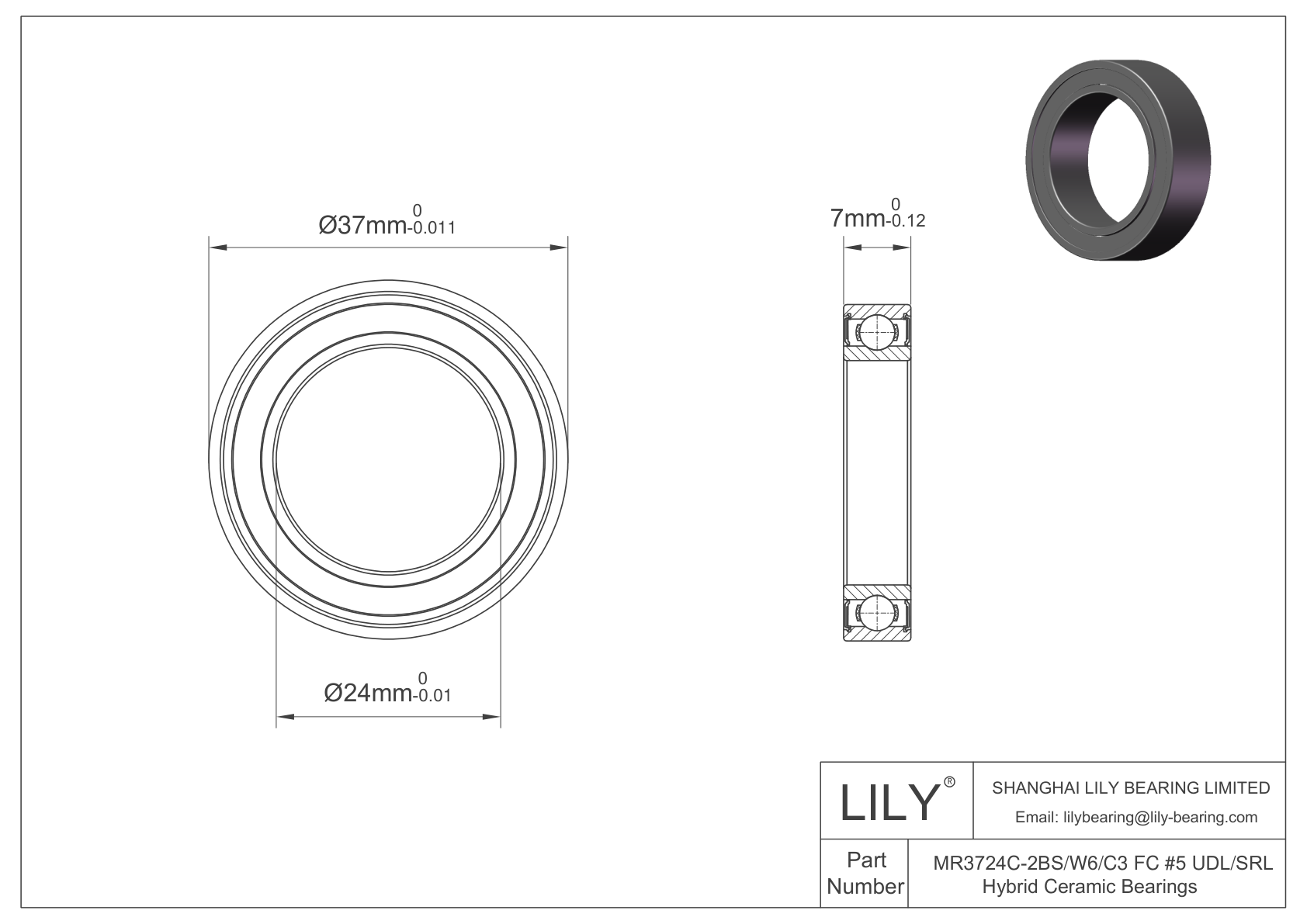 MR3724C-2BS/W6/C3 FC #5 UDL/SRL Hybrid Ceramic Deep Groove Ball Bearings cad drawing