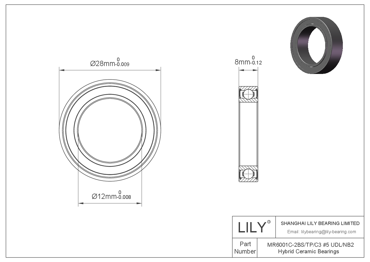 MR6001C-2BS/TP/C3 #5 UDL/NB2 Hybrid Ceramic Deep Groove Ball Bearings cad drawing