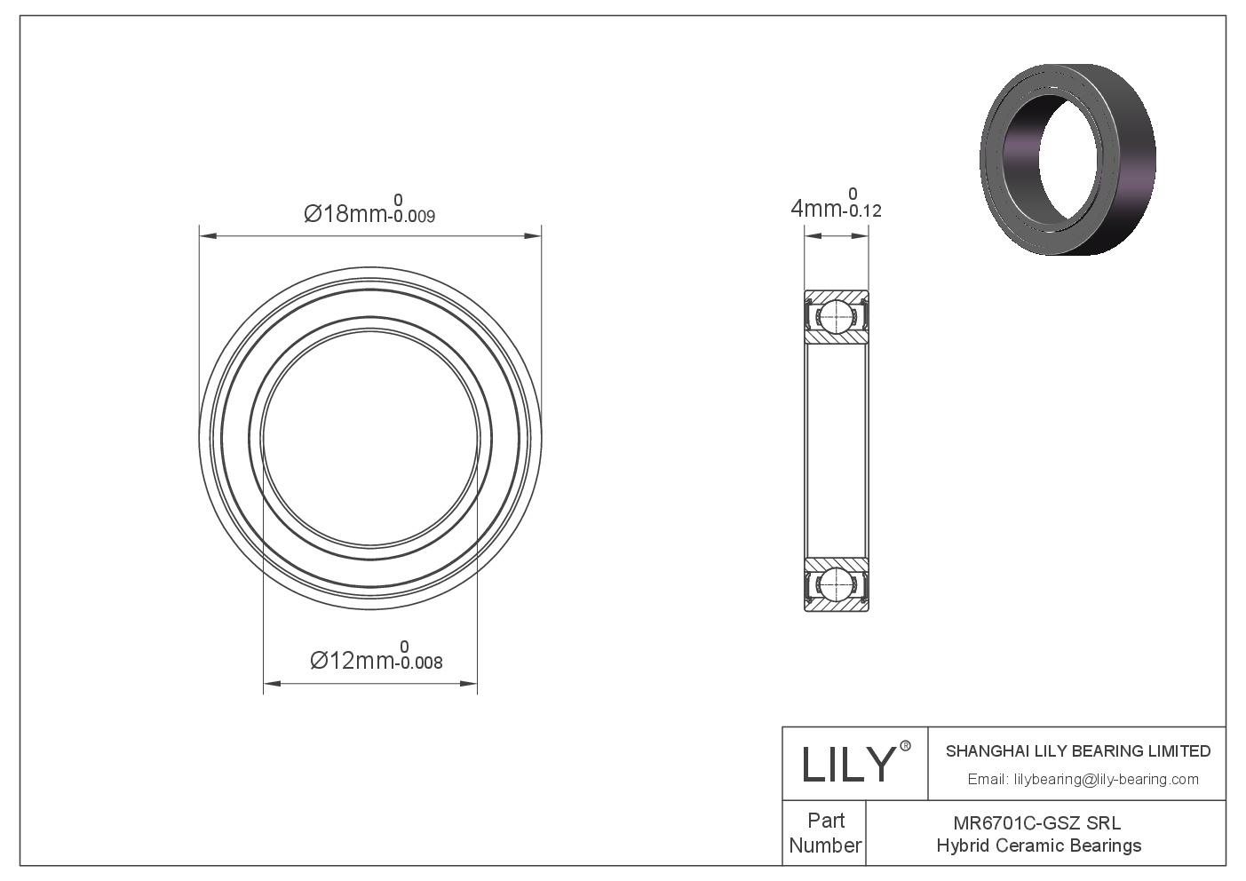 MR6701C-GSZ SRL Rodamientos Cerámicos Híbridos de Bolas de Ranura Profunda cad drawing