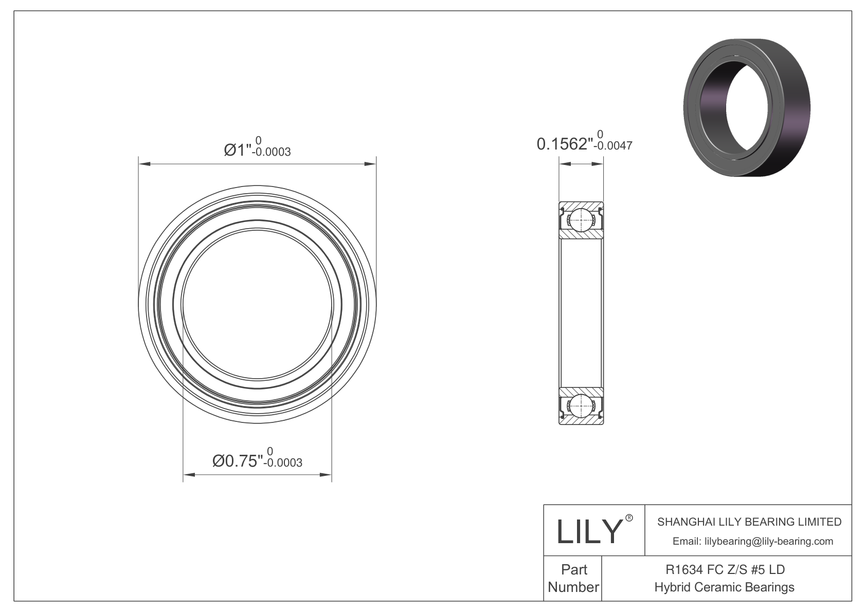 R1634 FC Z/S #5 LD 混合陶瓷深沟球轴承 cad drawing