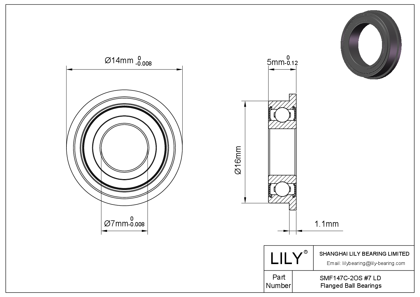 SMF147C-2OS #7 LD Hybrid Ceramic Flanged Bearings cad drawing