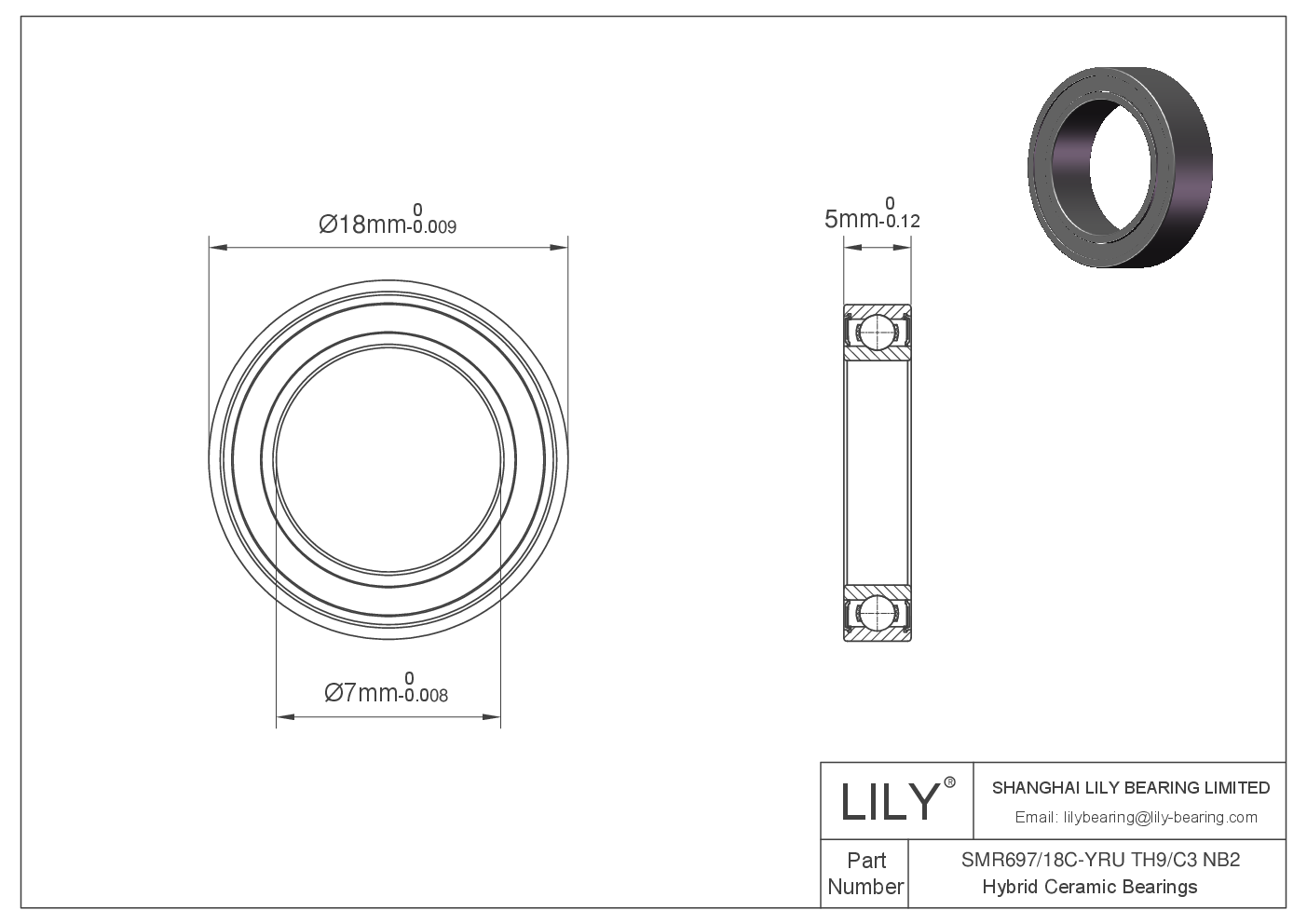 SMR697/18C-YRU TH9/C3 NB2 Rodamientos Cerámicos Híbridos de Bolas de Ranura Profunda cad drawing