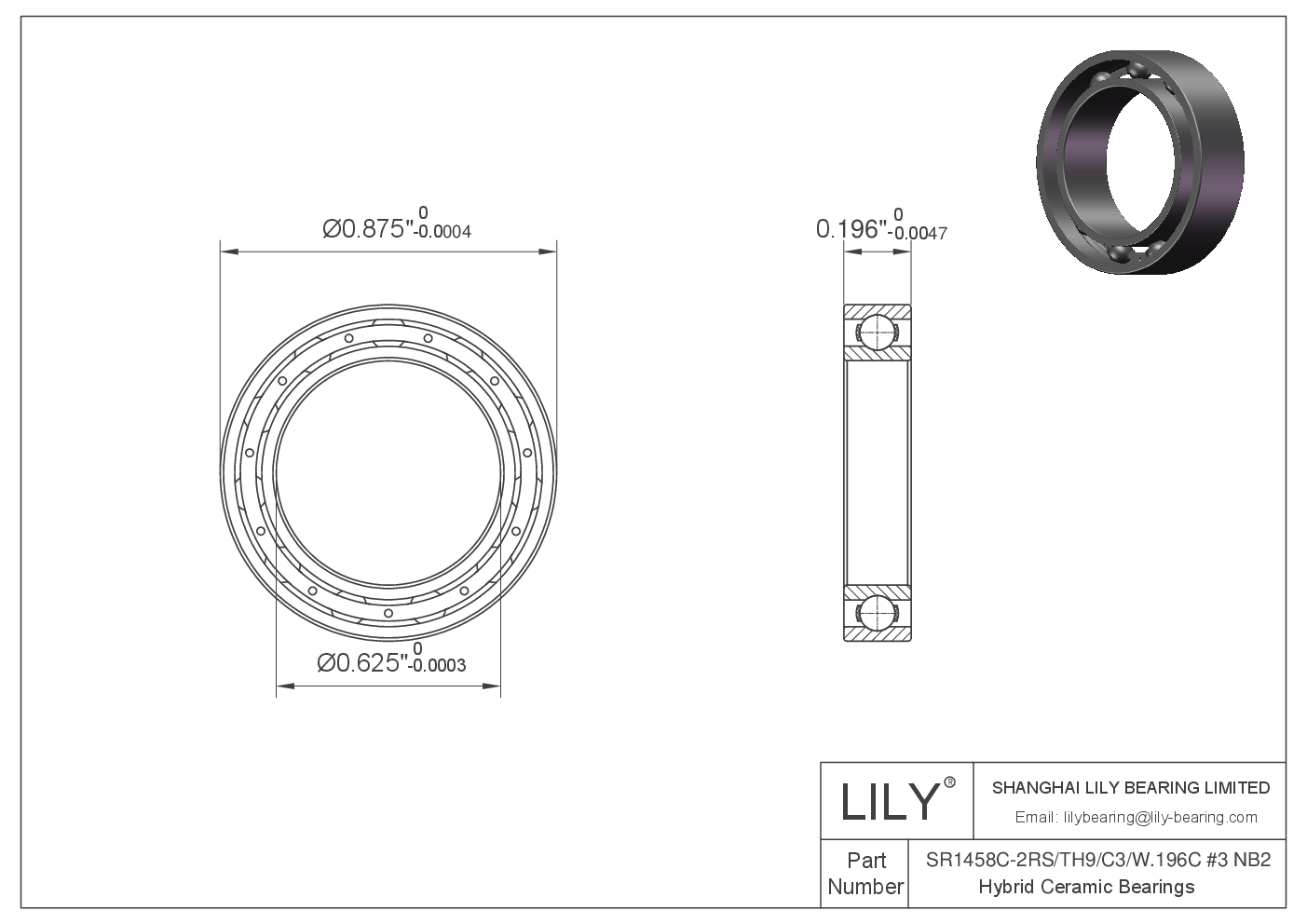 SR1458C-2RS/TH9/C3/W.196C #3 NB2 Rodamientos Cerámicos Híbridos de Bolas de Ranura Profunda cad drawing