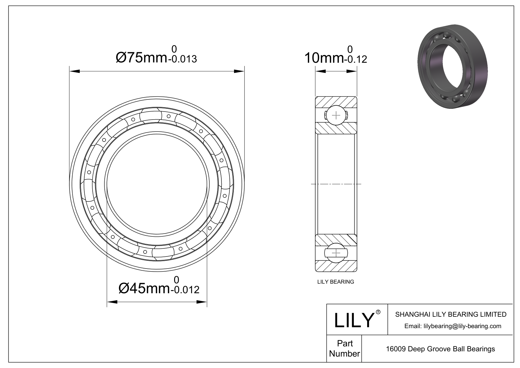 16009C Hybrid Ceramic Deep Groove Ball Bearings cad drawing