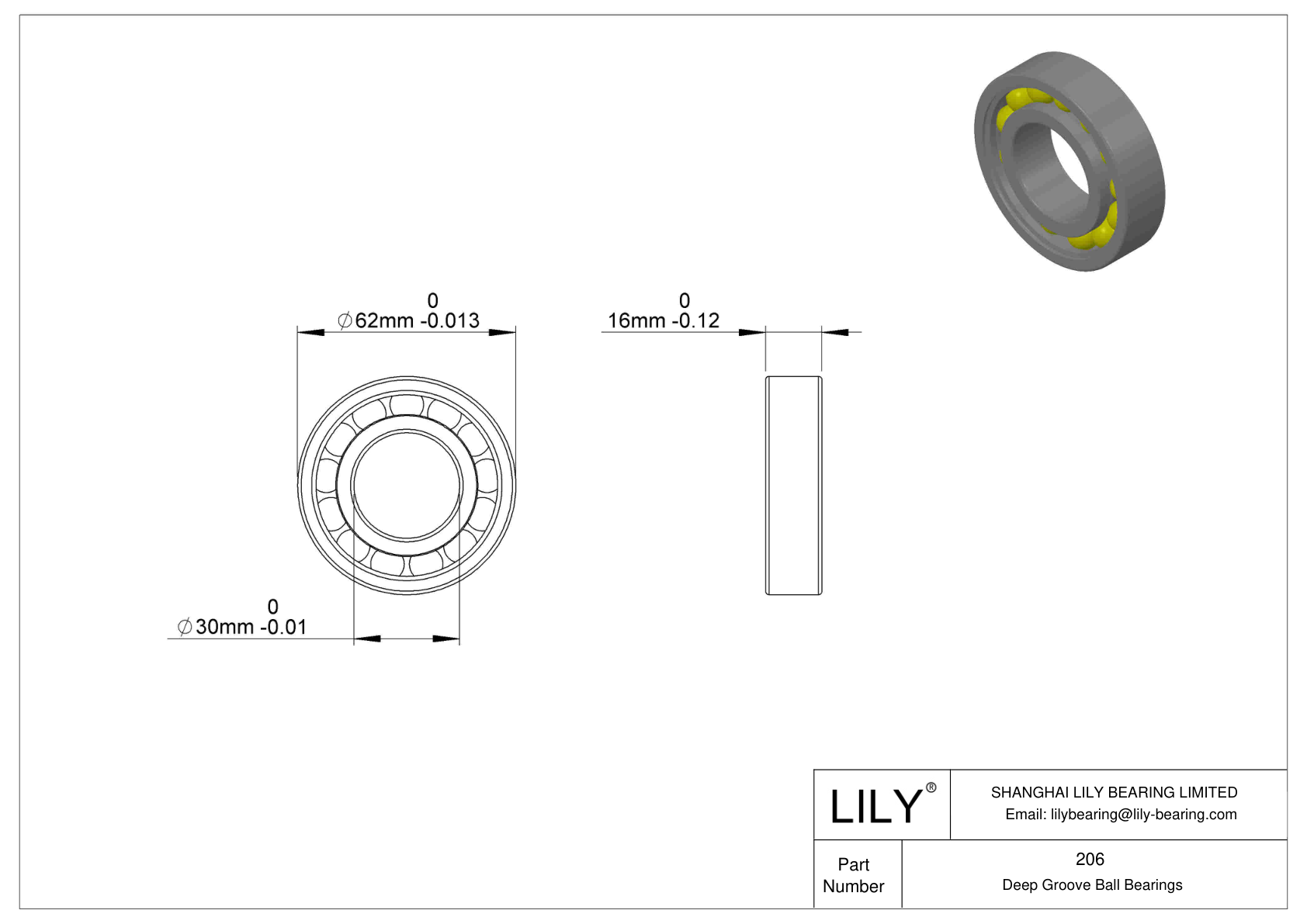 206SFF-HYB#1 Single Row Deep Groove Ball Bearings cad drawing