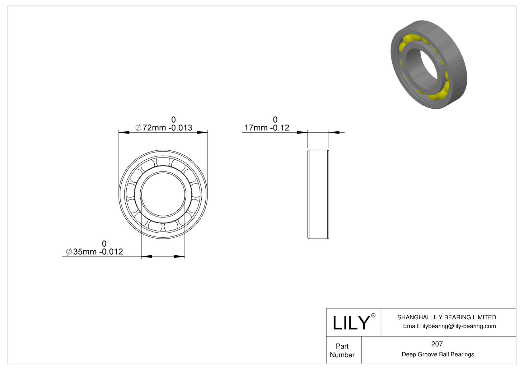 207 Single Row Radial Ball Bearings cad drawing